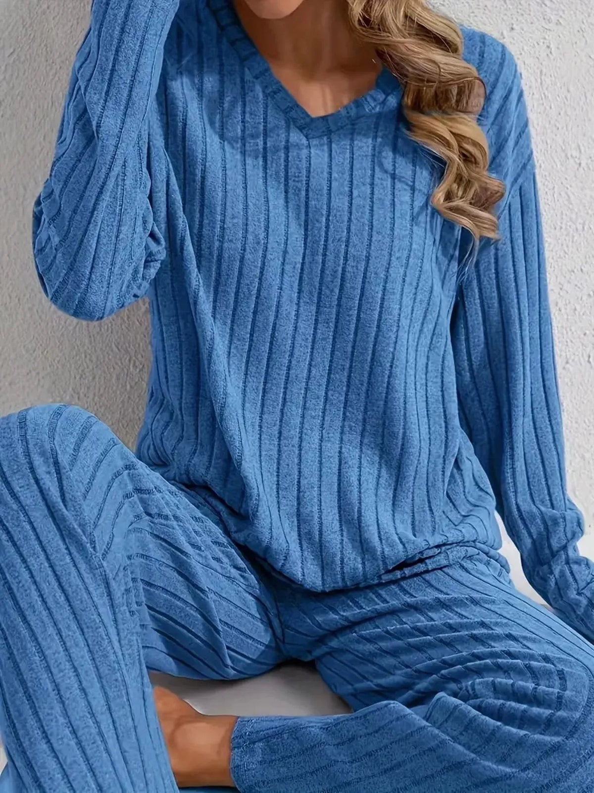 Ribbed Knit V-Neck Top and Pants Lounge Set, detail view in blue
