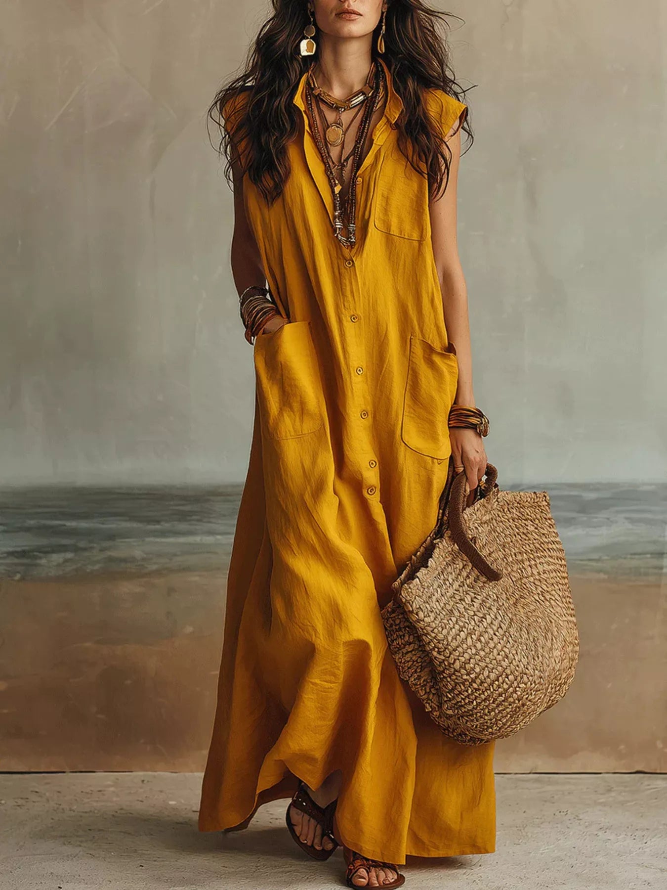 Trendsi Sleeveless Button-Down Linen Maxi Dress -