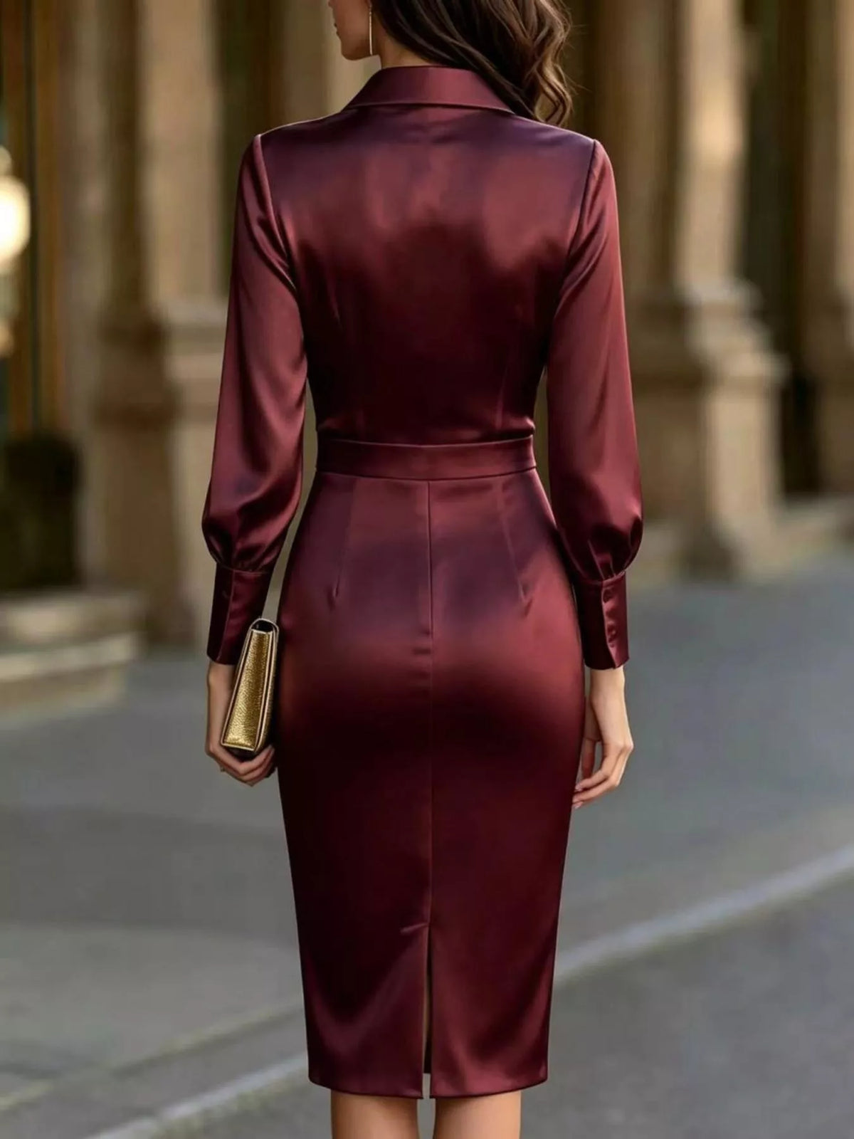 Burgundy satin lantern sleeve midi dress, back view