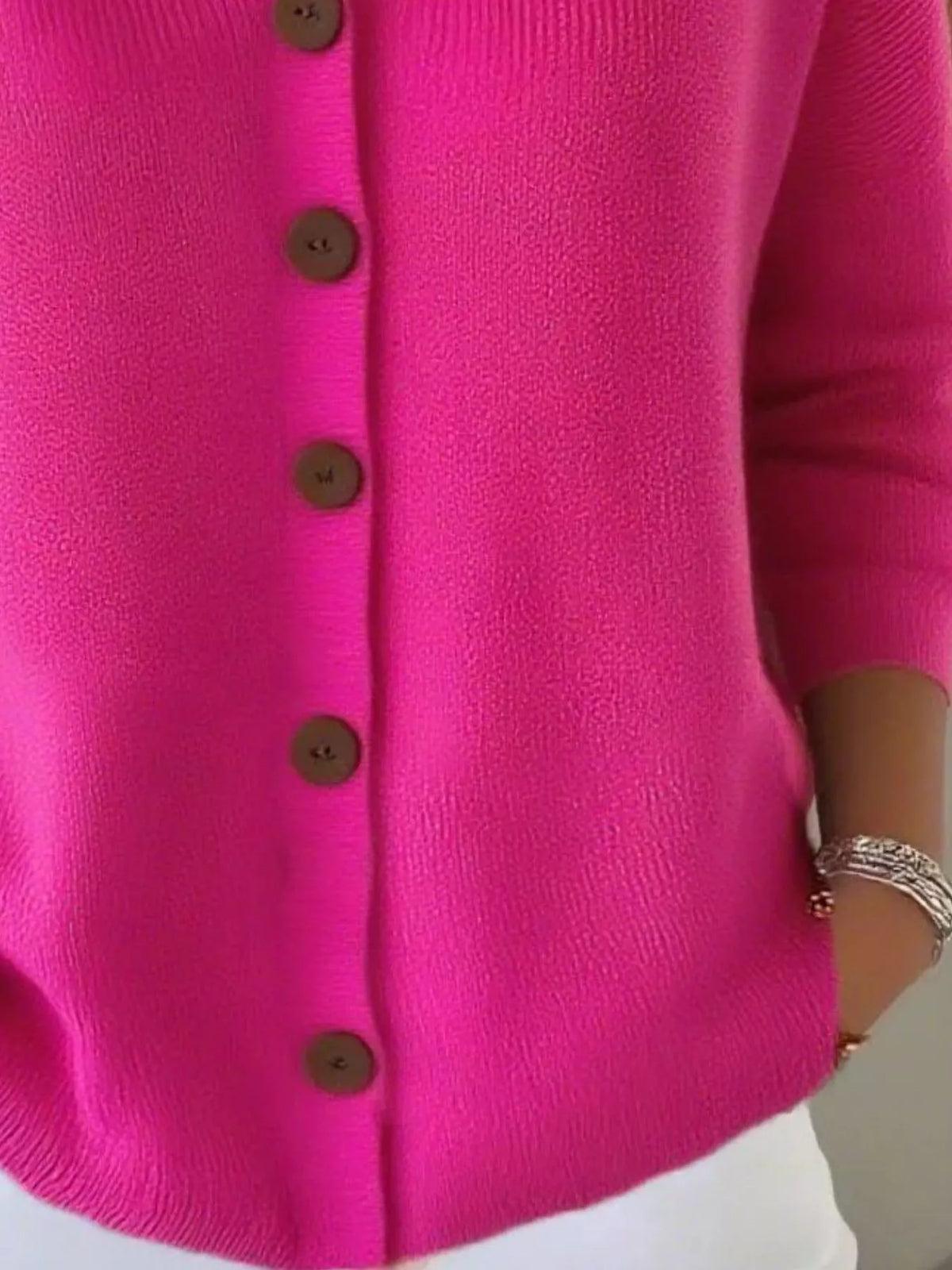 Women's V-Neck Button-Down Knit Cardigan in hot pink — button detail view