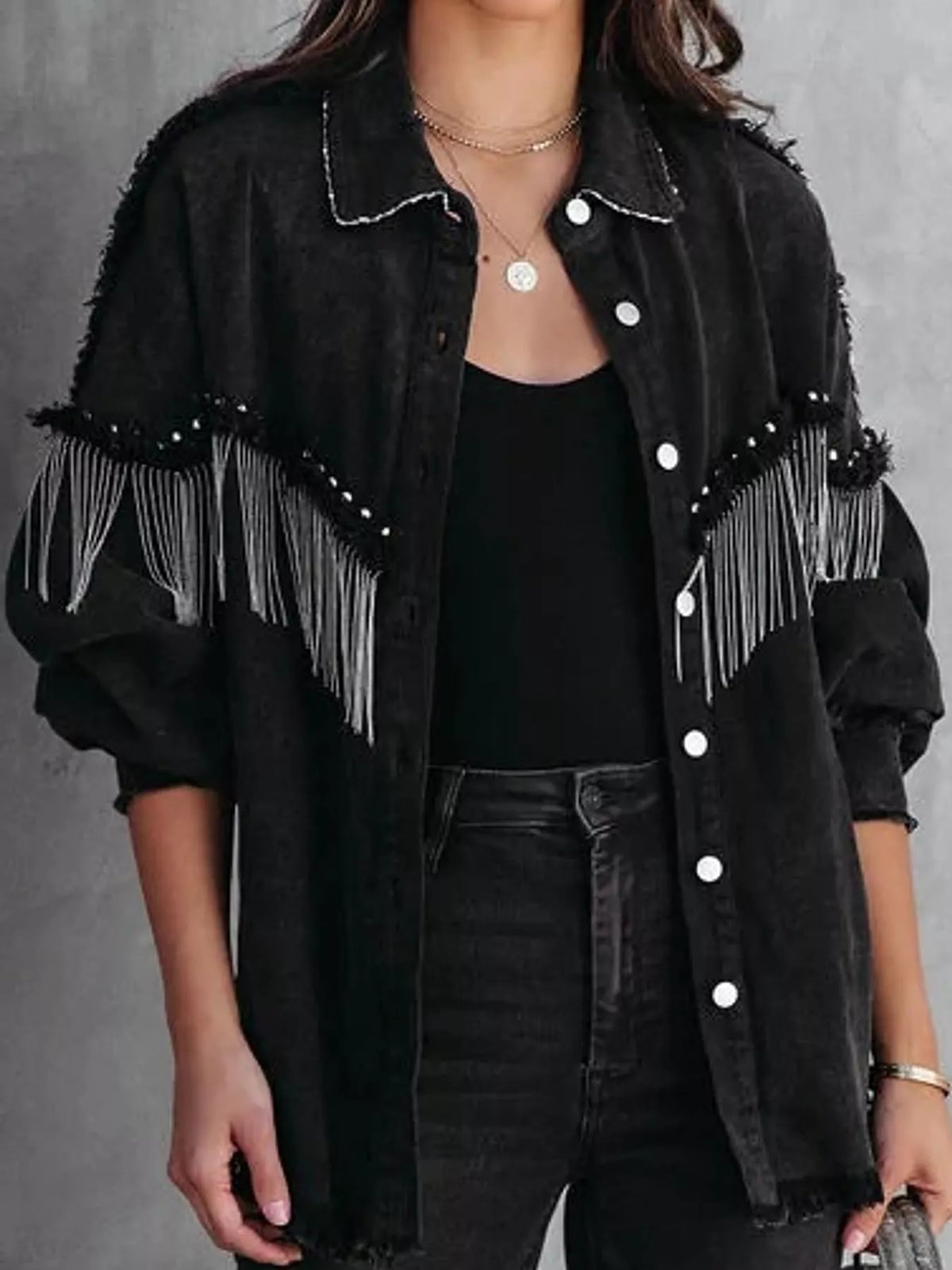 Fringe Washed Denim Jacket, front view