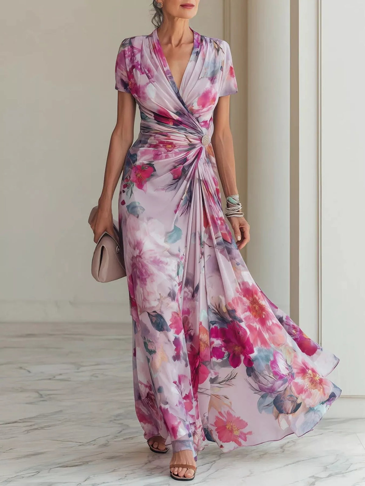 Moonlit mauve floral print ruched short sleeve maxi dress
