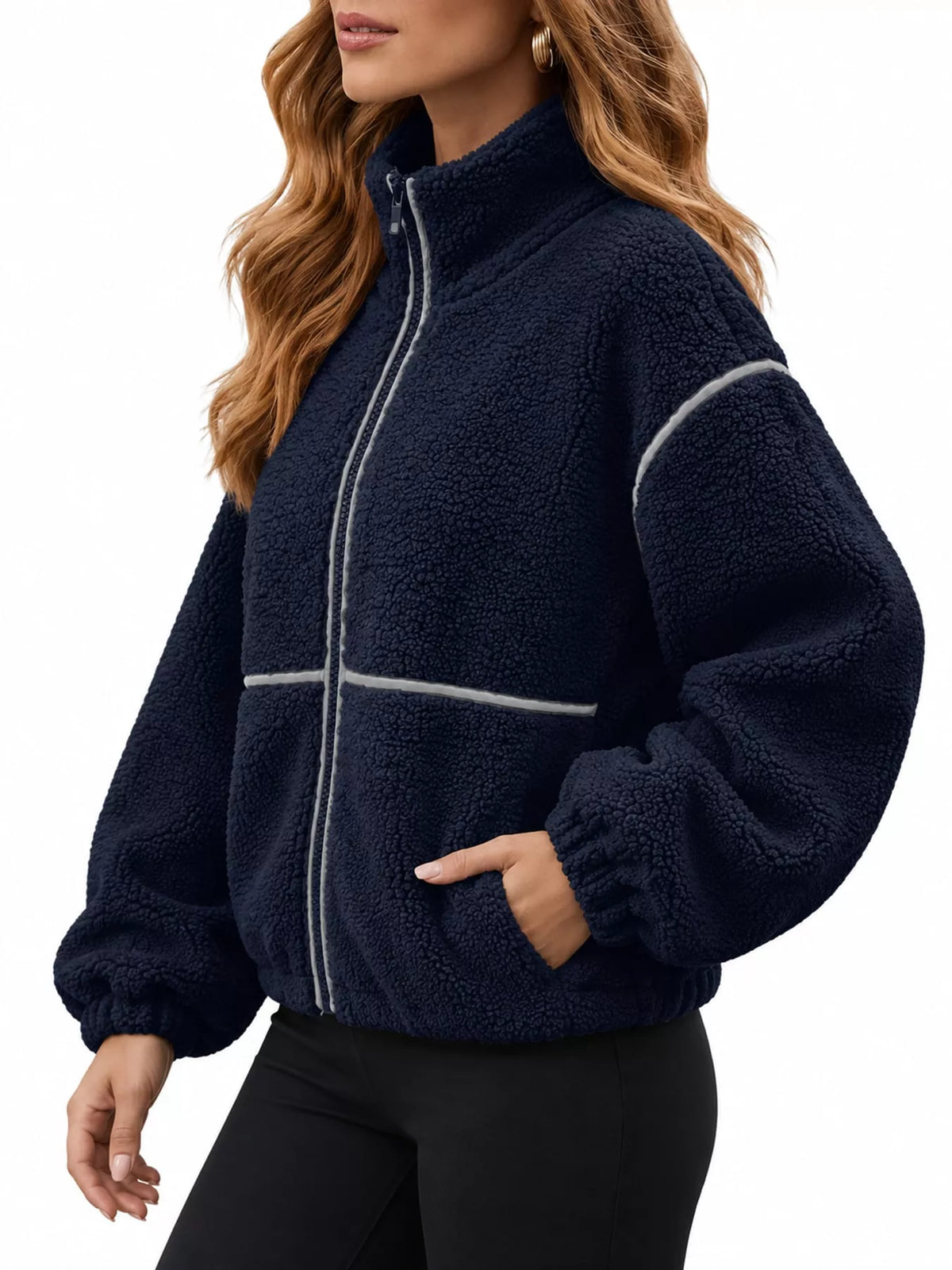 Stand Collar Sherpa Fleece Zip-Up Jacket — side view