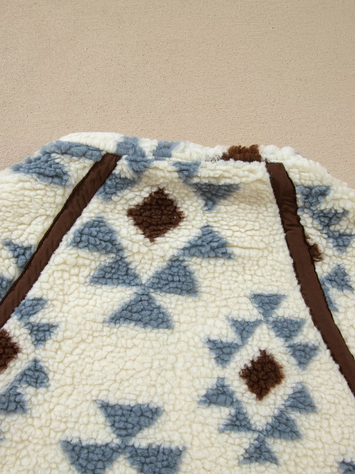 Cream blue and brown geometric print sherpa sweatshirt, back seam detail