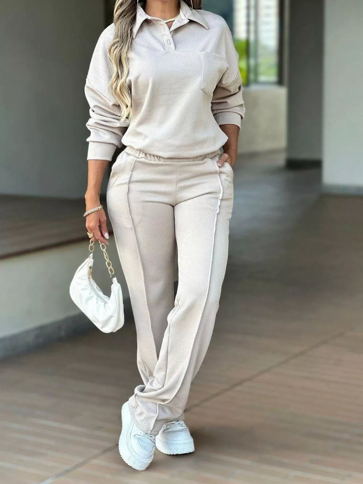 Polo Top and Straight-Leg Pants Set, front view