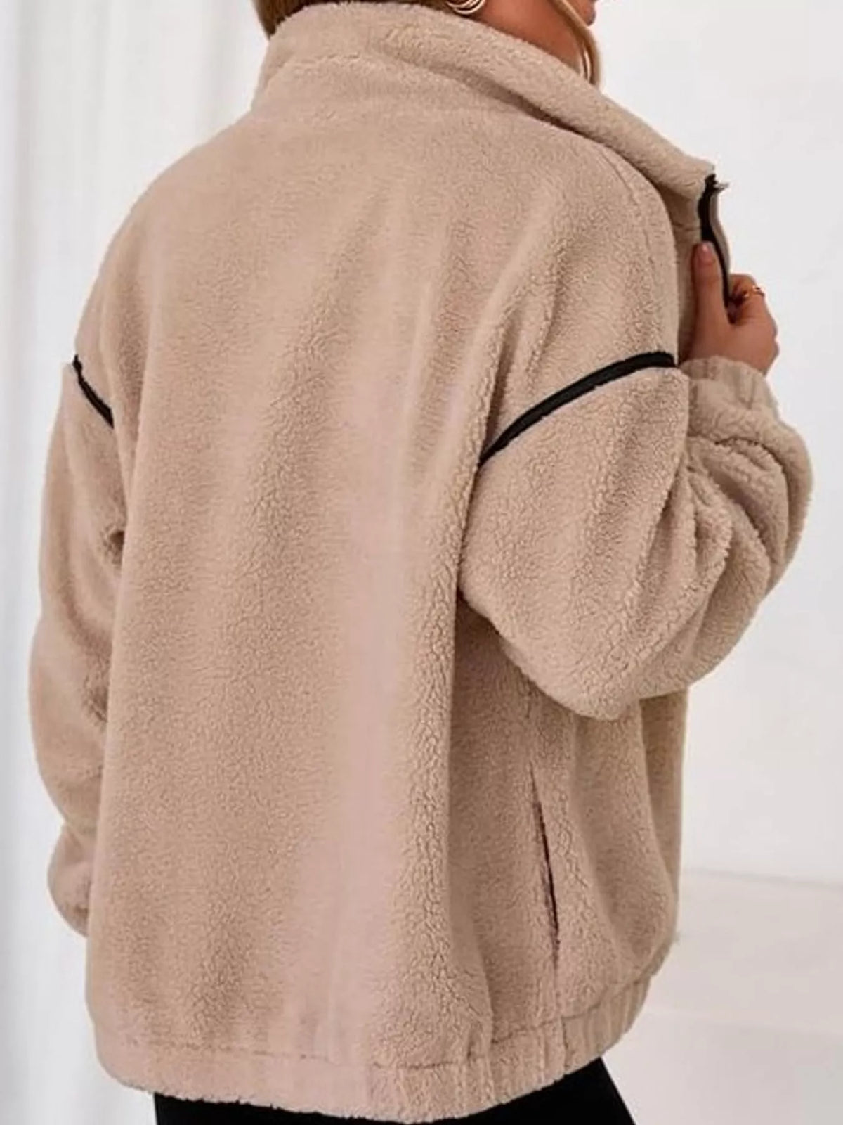 Stand Collar Sherpa Fleece Zip-Up Jacket — back view