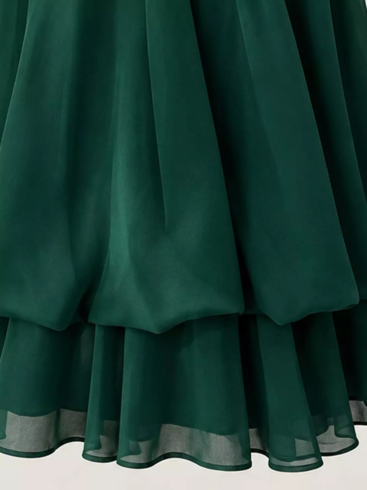 Dark green halter neck chiffon mini dress, layered hem detail