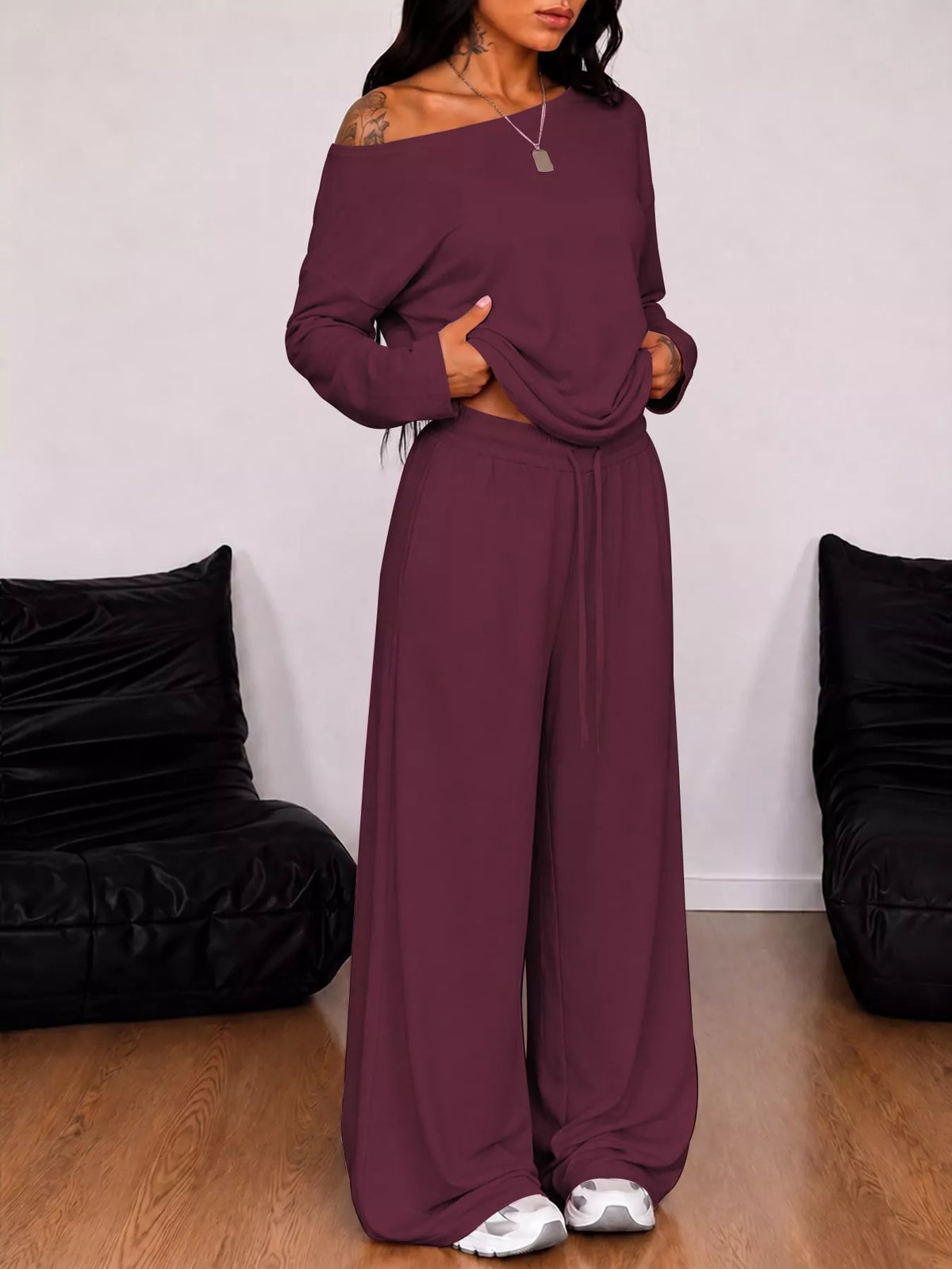 Off-Shoulder Striped Long Sleeve Top and Wide Leg Pants Set in burgundy