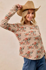 Trendsi BiBi Floral Print Washed Waffle Thermal Top with Thumb -