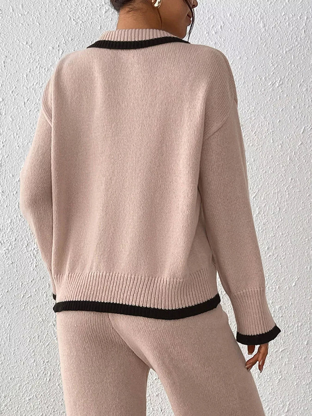 Pink contrast-trim polo collar sweater, back view