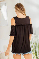 Trendsi Women’s Frill Round Neck Cold Shoulder Tee Spandex Plus Size - Shirts