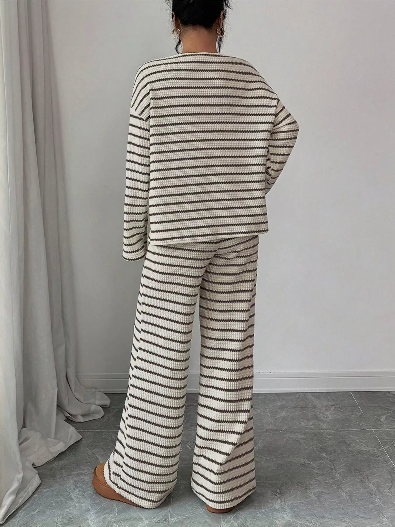 Trendsi Striped Knit Dropped Shoulder Top and Pants Set -