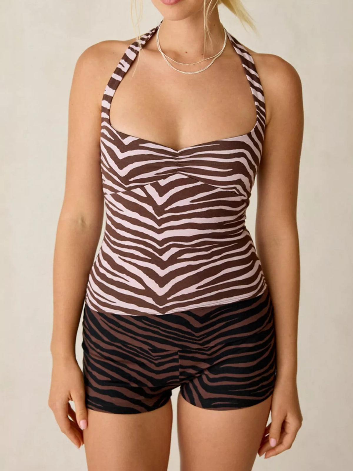 Printed Halter Neck Cami in brown and cream