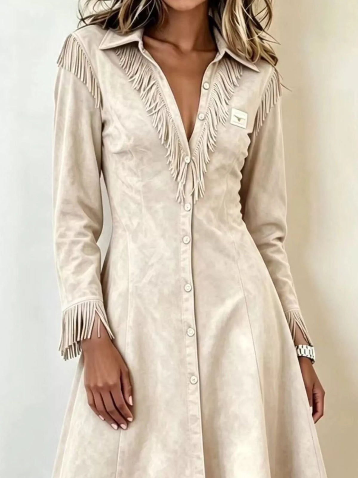 Long Fringe Button-Front Jacket in beige, fringe detail