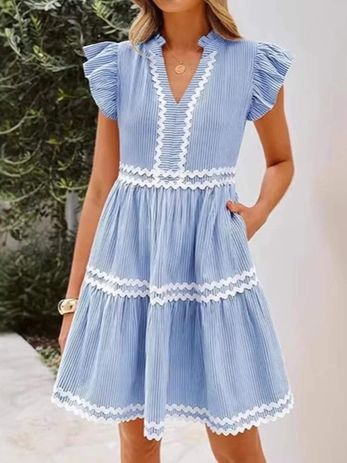 Trendsi Striped Ruffle Sleeve Tiered Dress -