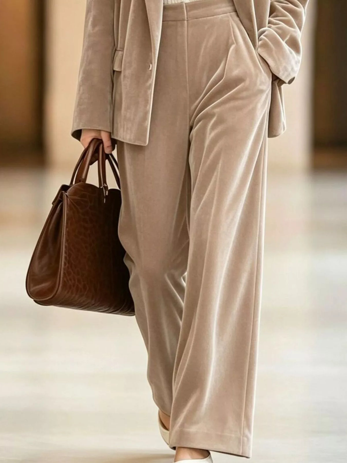 Taupe velvet blazer and wide-leg pants set, pants detail