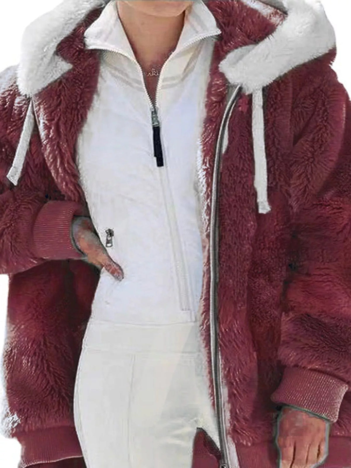 Burgundy with white hood trim faux fur zip up hooded jacket, front view