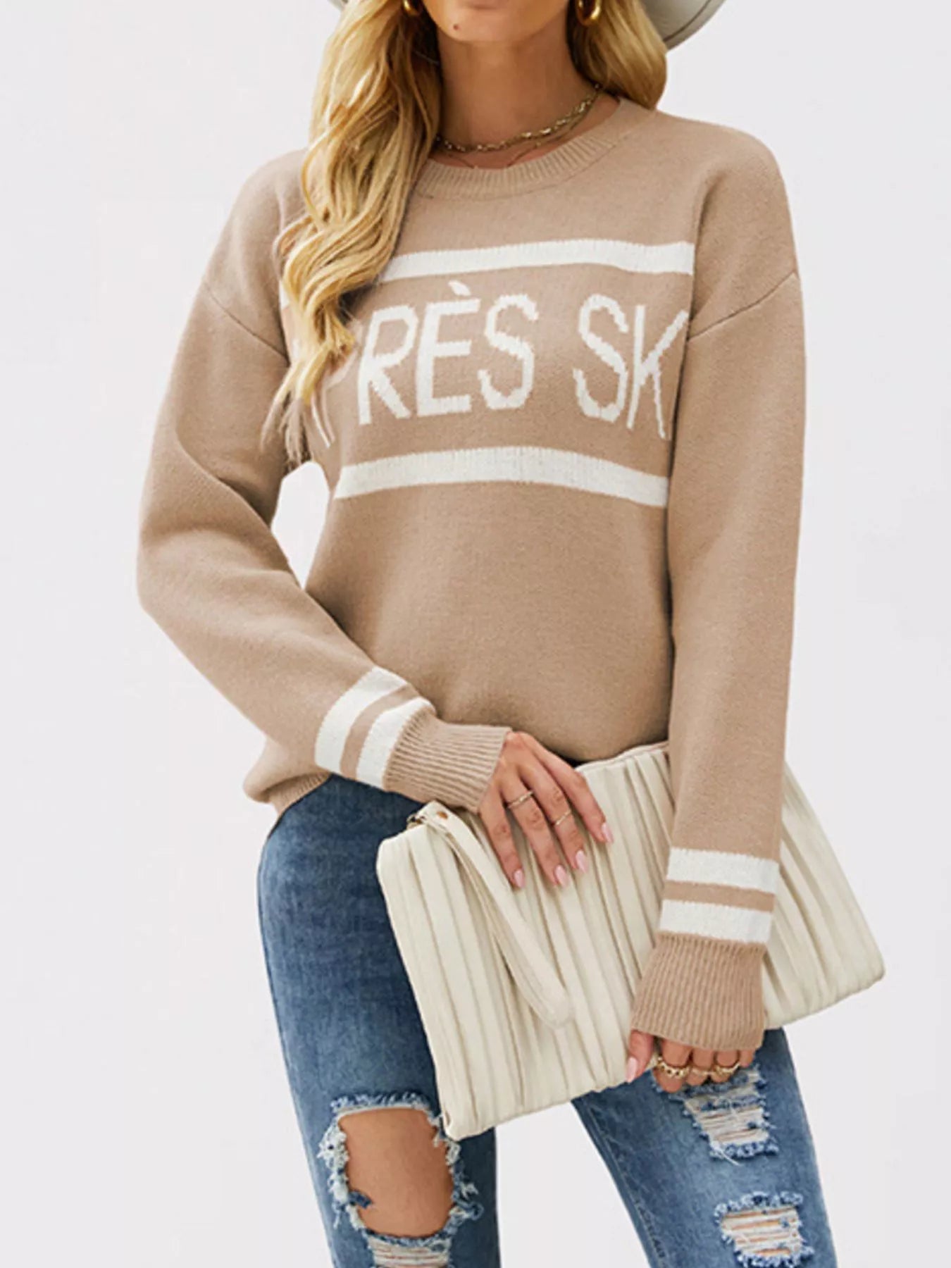 Trendsi Letter Crew Neck Dropped Shoulder Sweater -