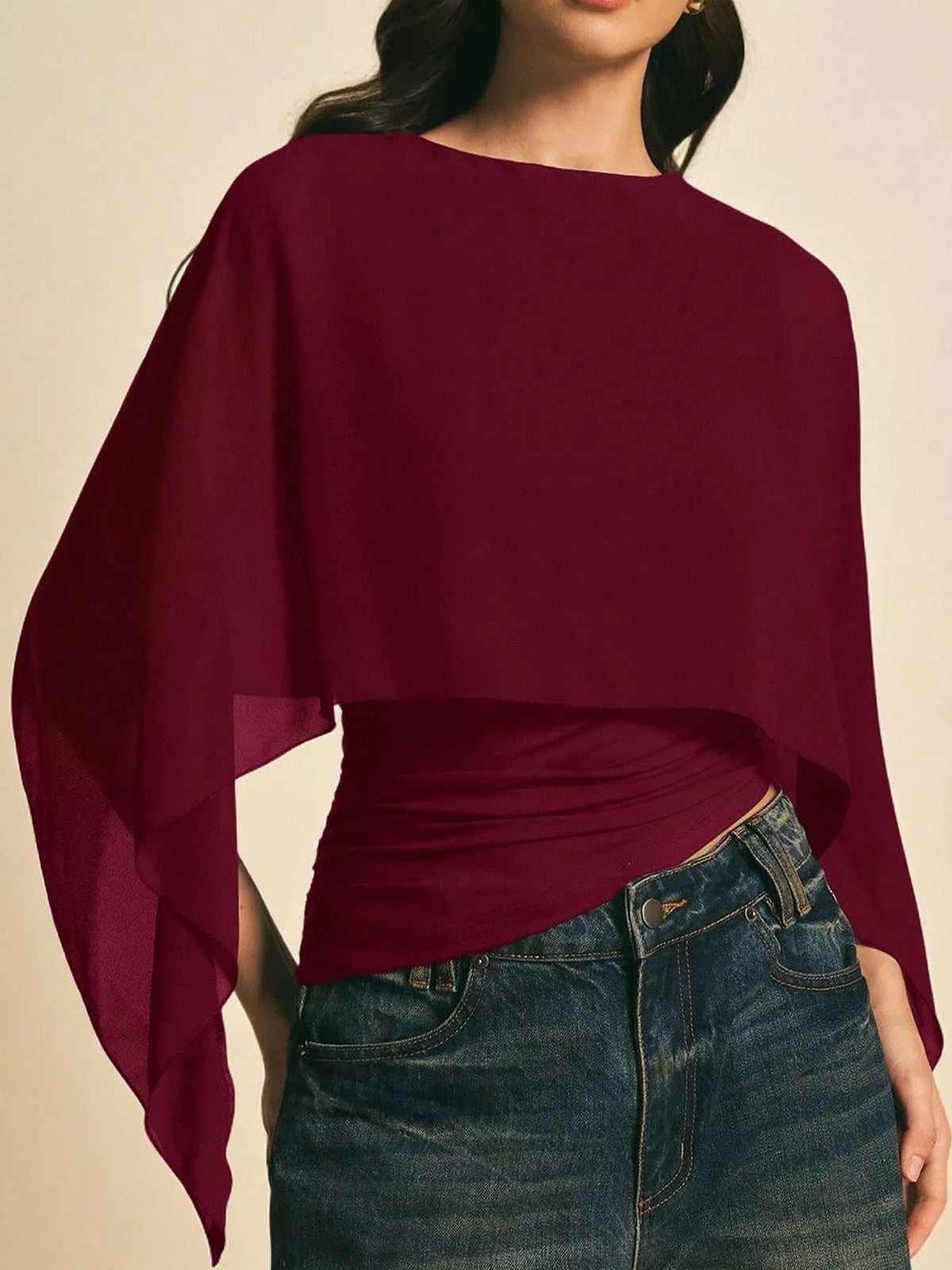 Burgundy cape sleeve round neck blouse