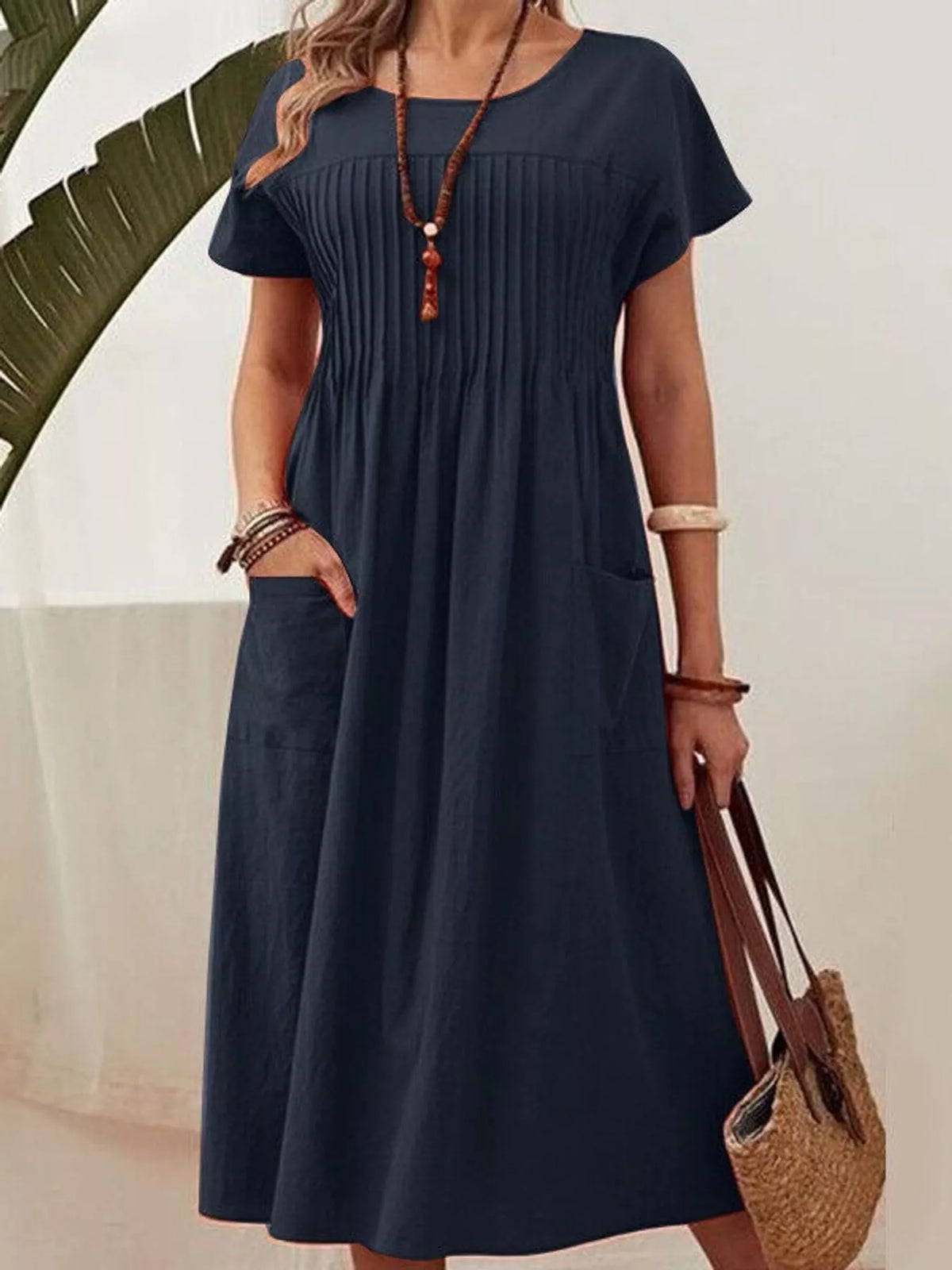 Pleated Midi Dress with Pockets in navy
