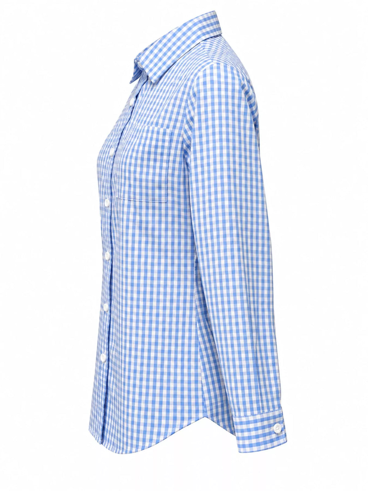 Light blue and white plaid button-down shirt, side view