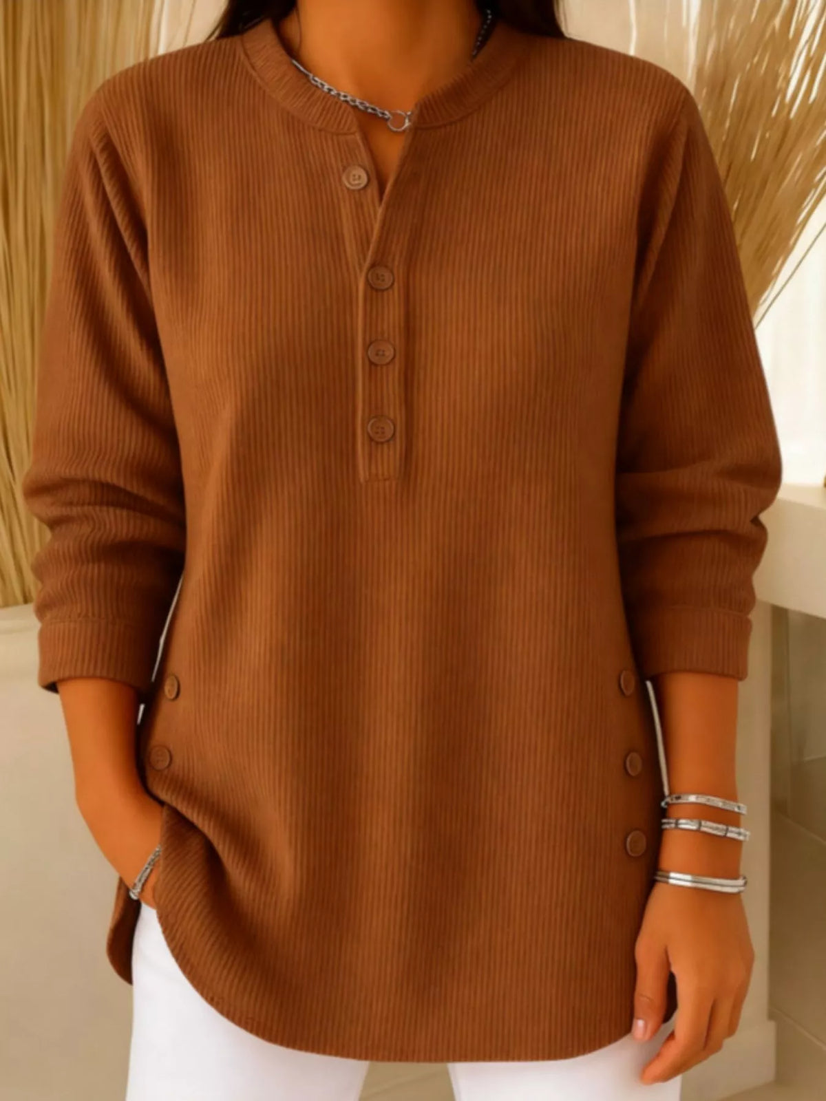 Women's Button Detail Corduroy Top in Light Brown, front view