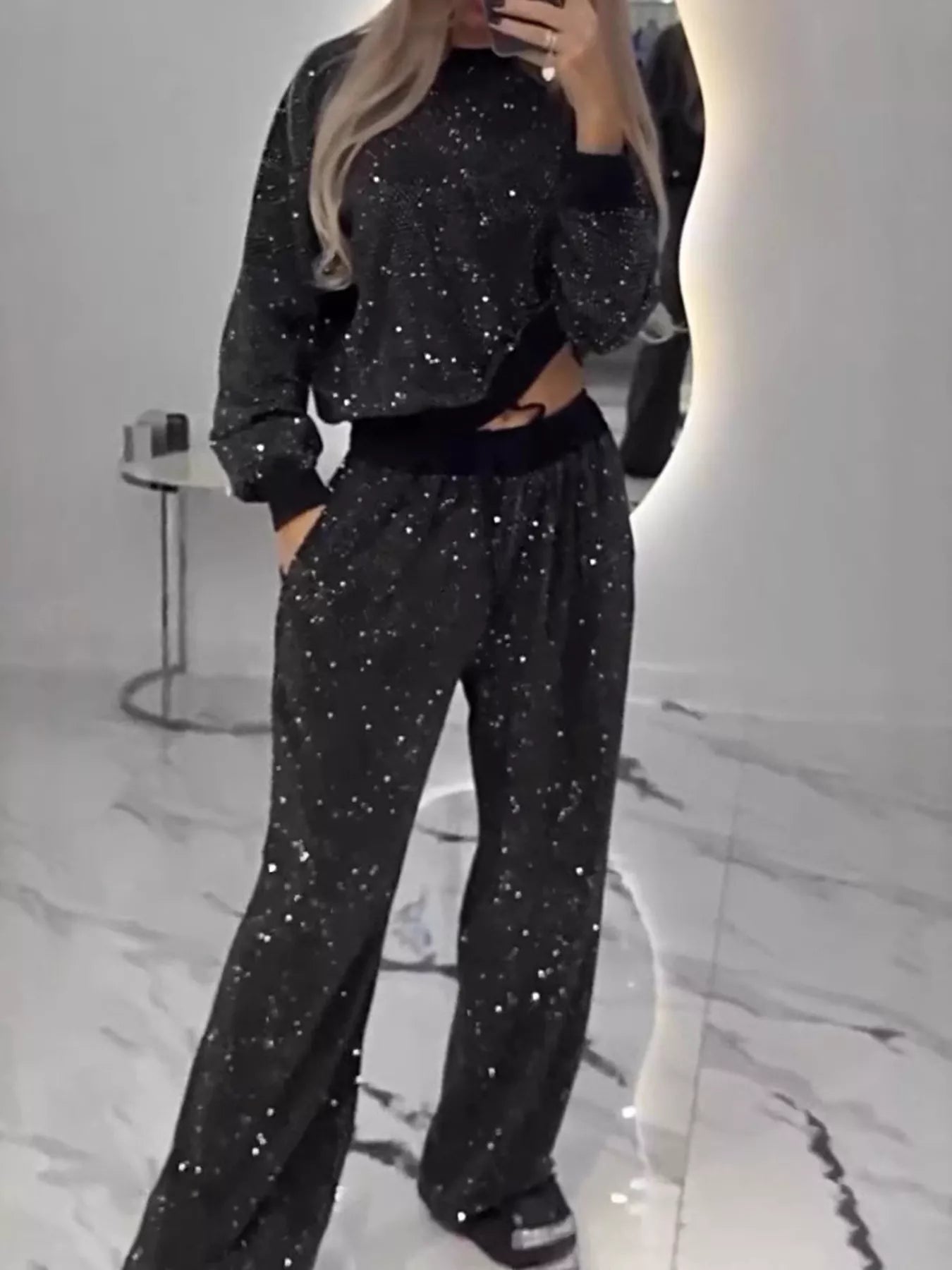 Trendsi Rhinestone Long Sleeve Top and Pants Set -