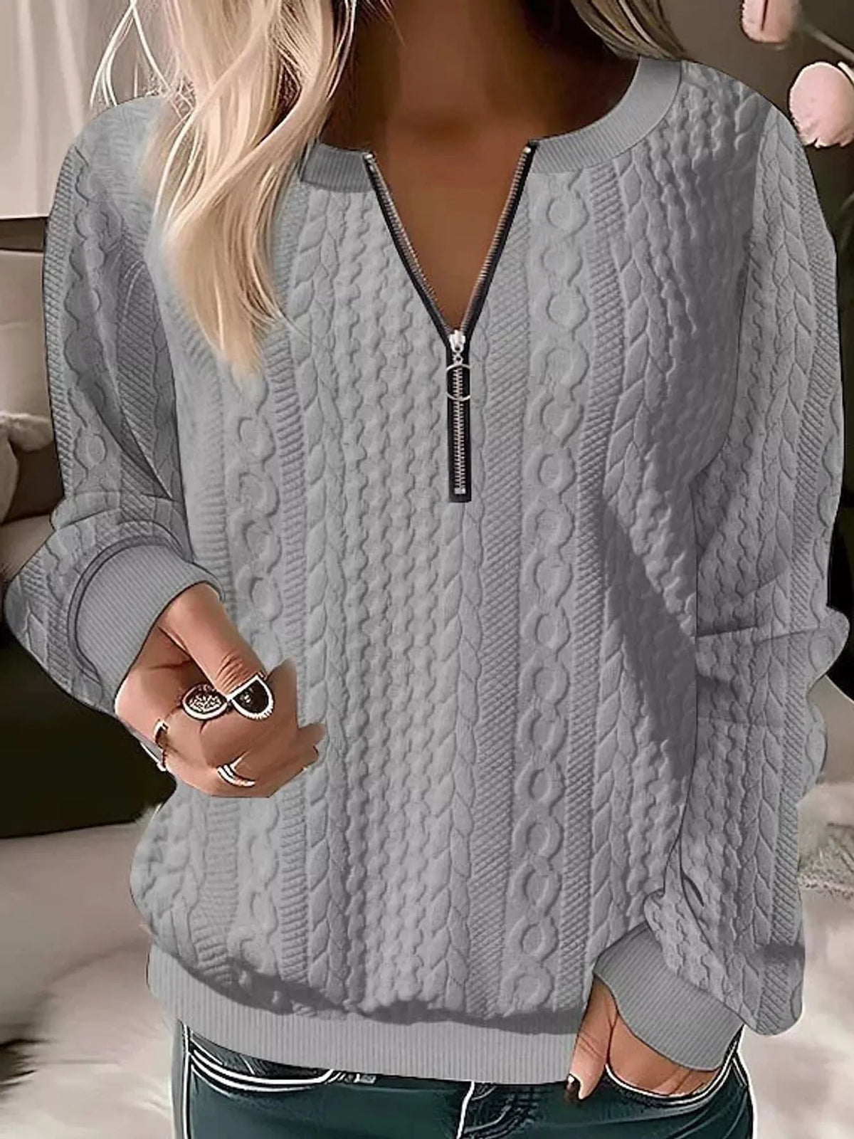 Quarter-Zip Cable Knit Sweatshirt — front view