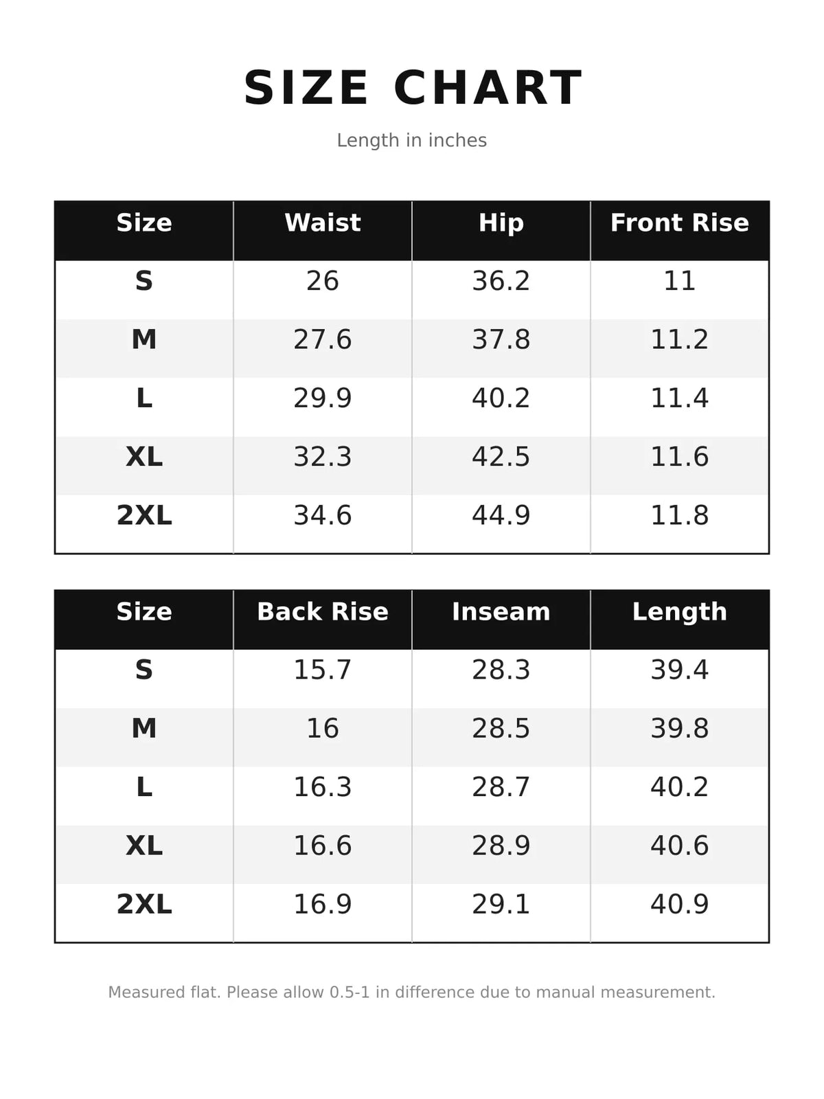 Size chart for high-waisted fleece-lined skinny jeans