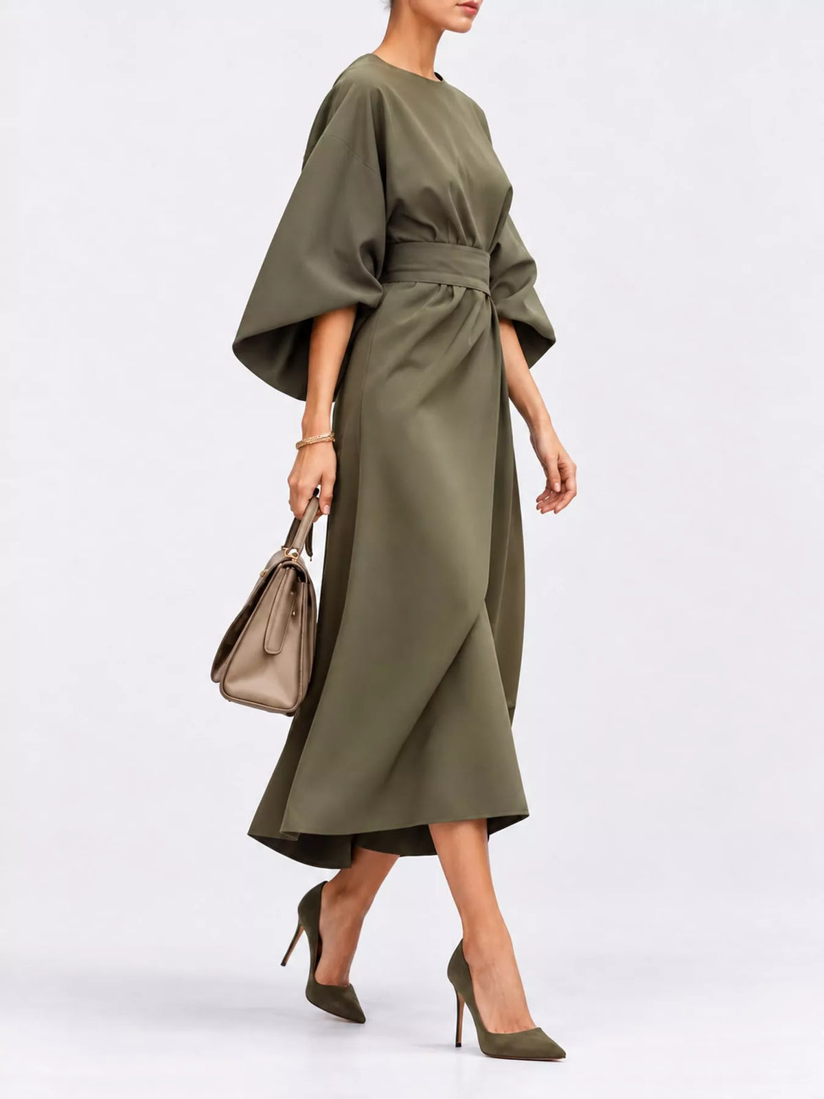 Army Green round neck kimono sleeve midi dress