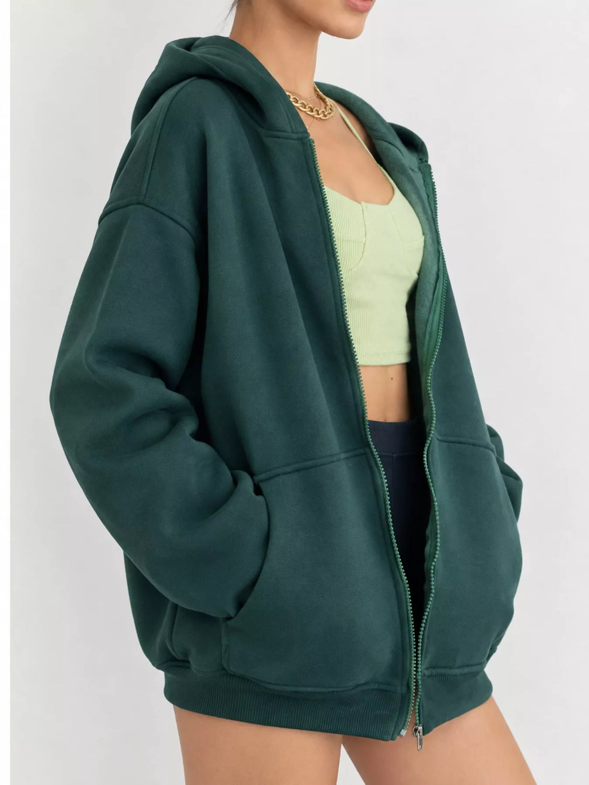 Women's Zip-Up Dropped Shoulder Hoodie in green — side view
