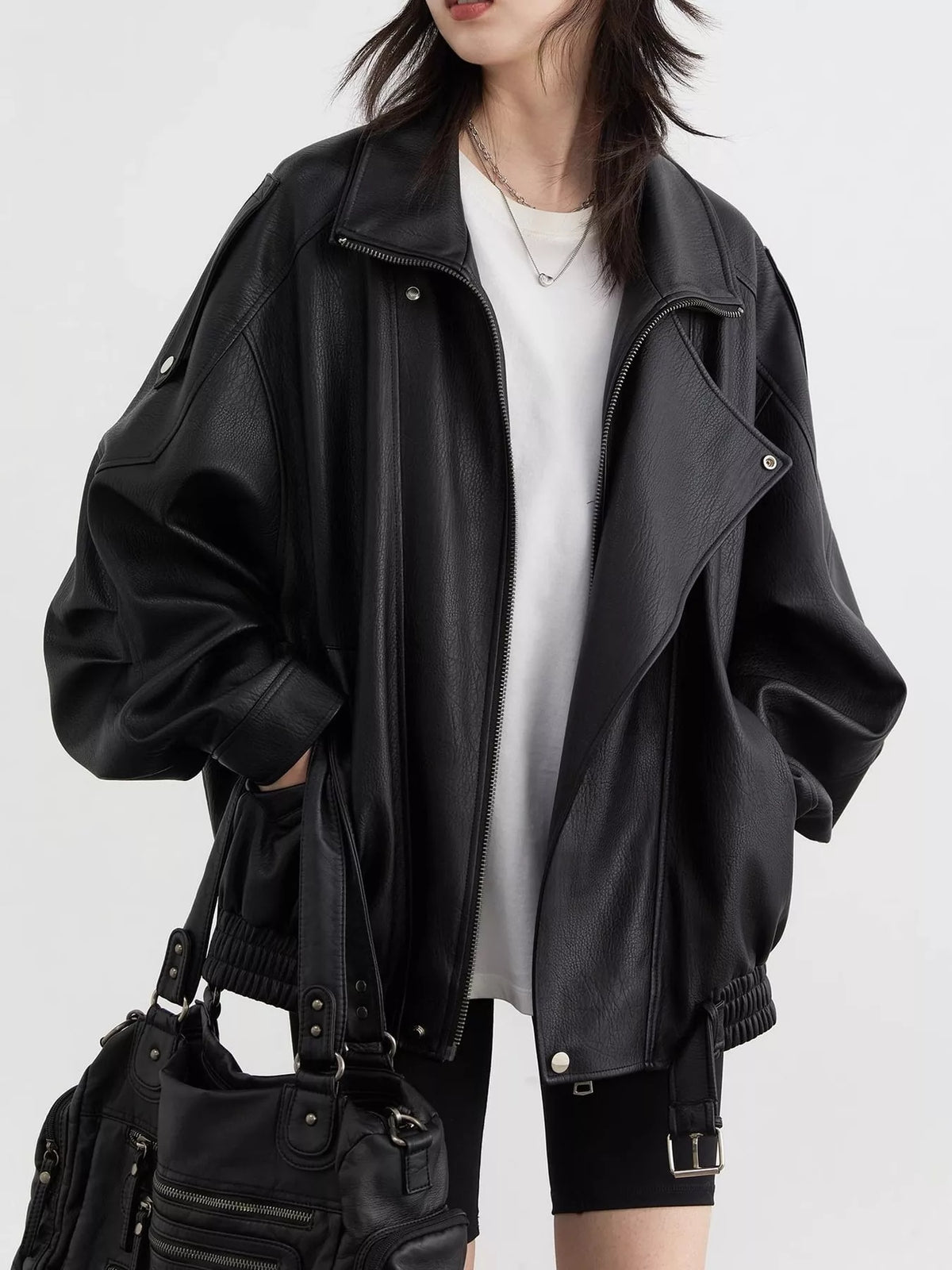 Collared long sleeve jacket, front view on model