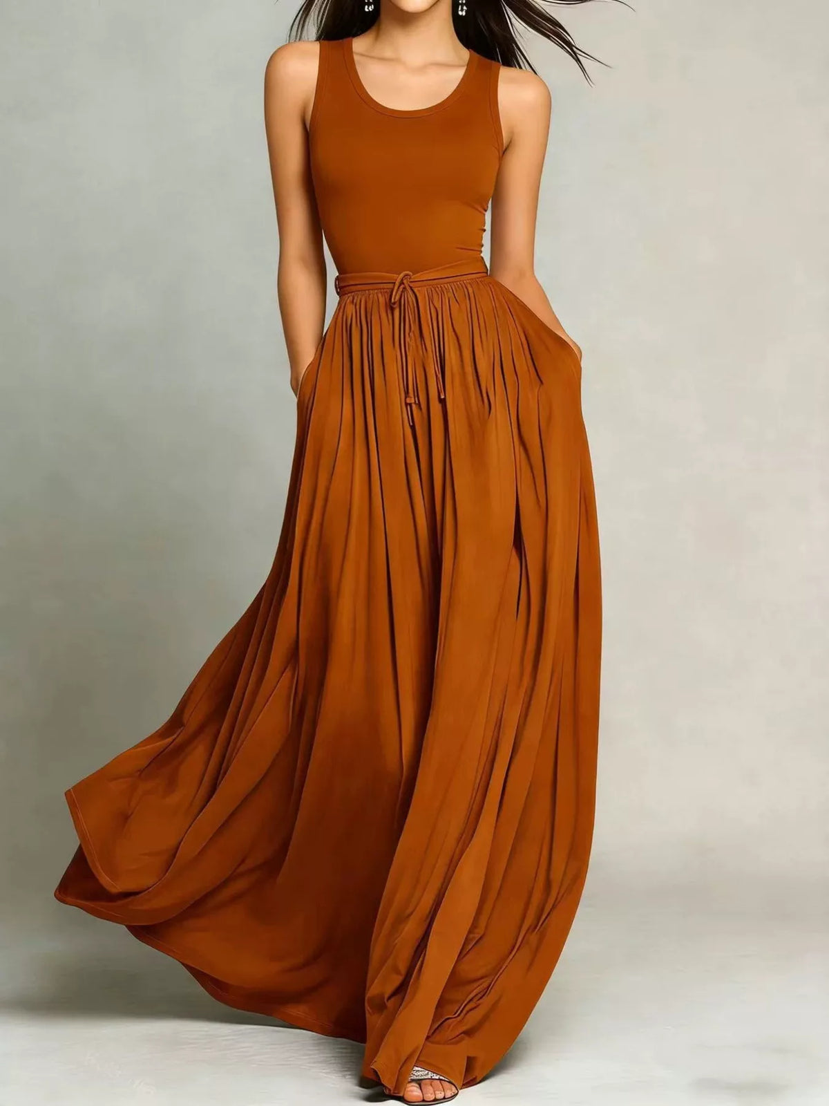 Brown solid color maxi dress