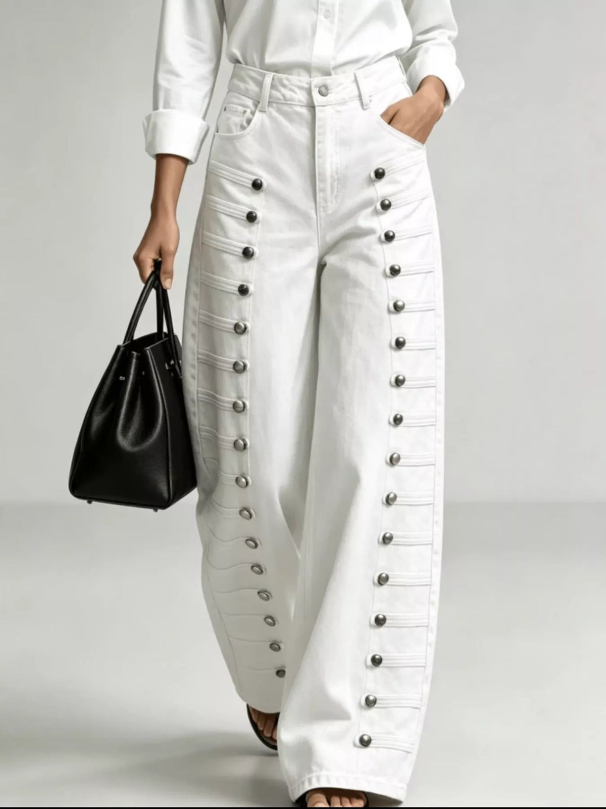 Decorative Button Wide-Leg Jeans in white, front view