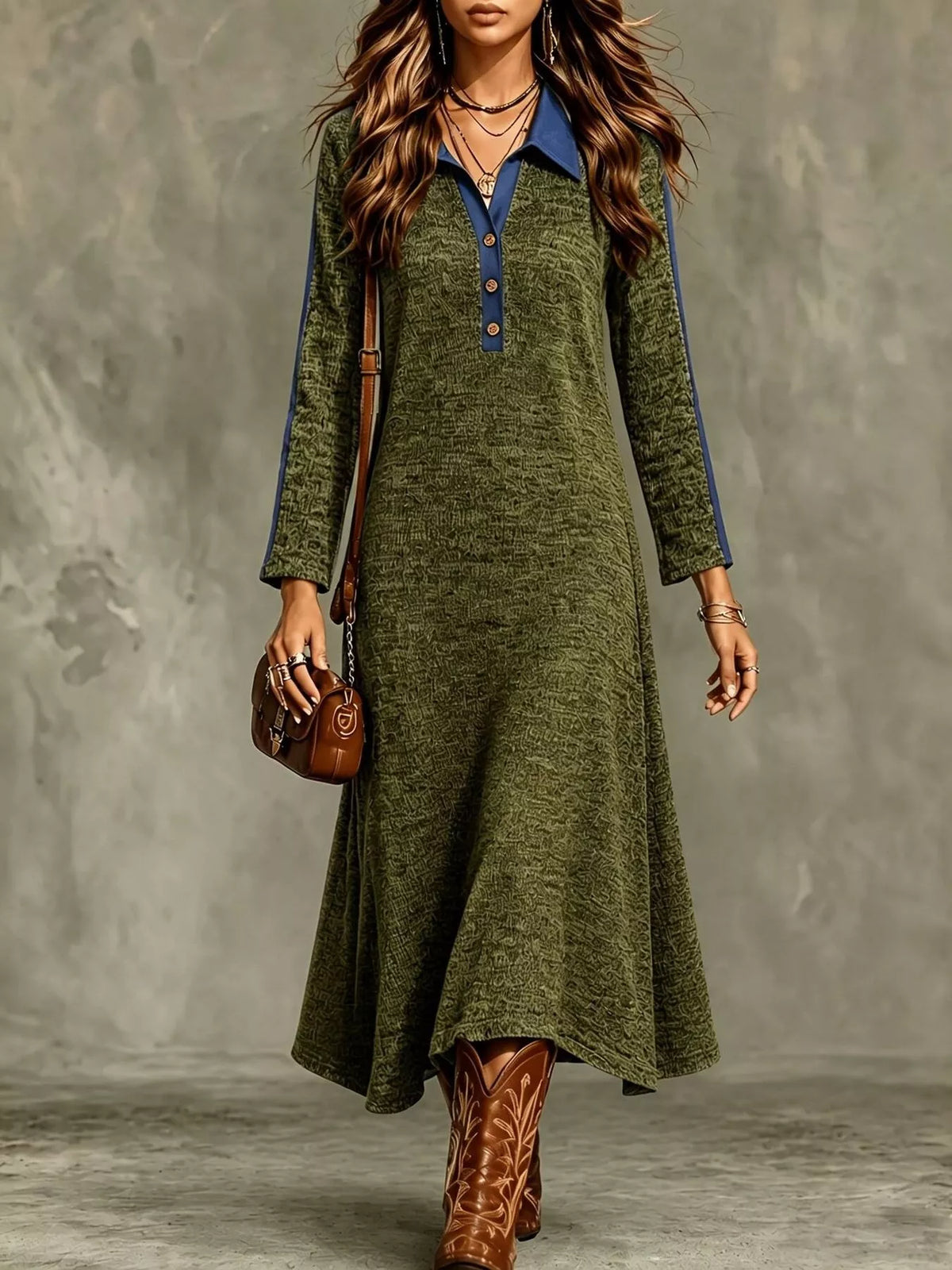 Colorblock Polo Collar Long Sleeve Sweater Dress — front view