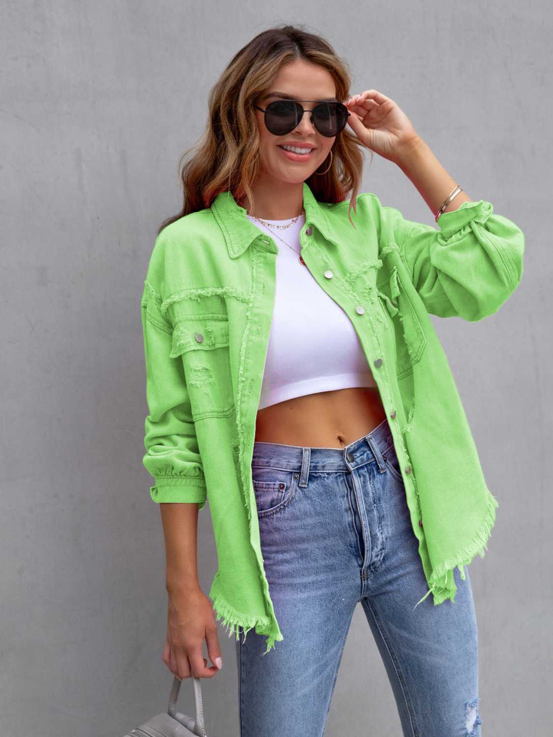 Trendsi Distressed Drop Shoulder Denim Jacket -