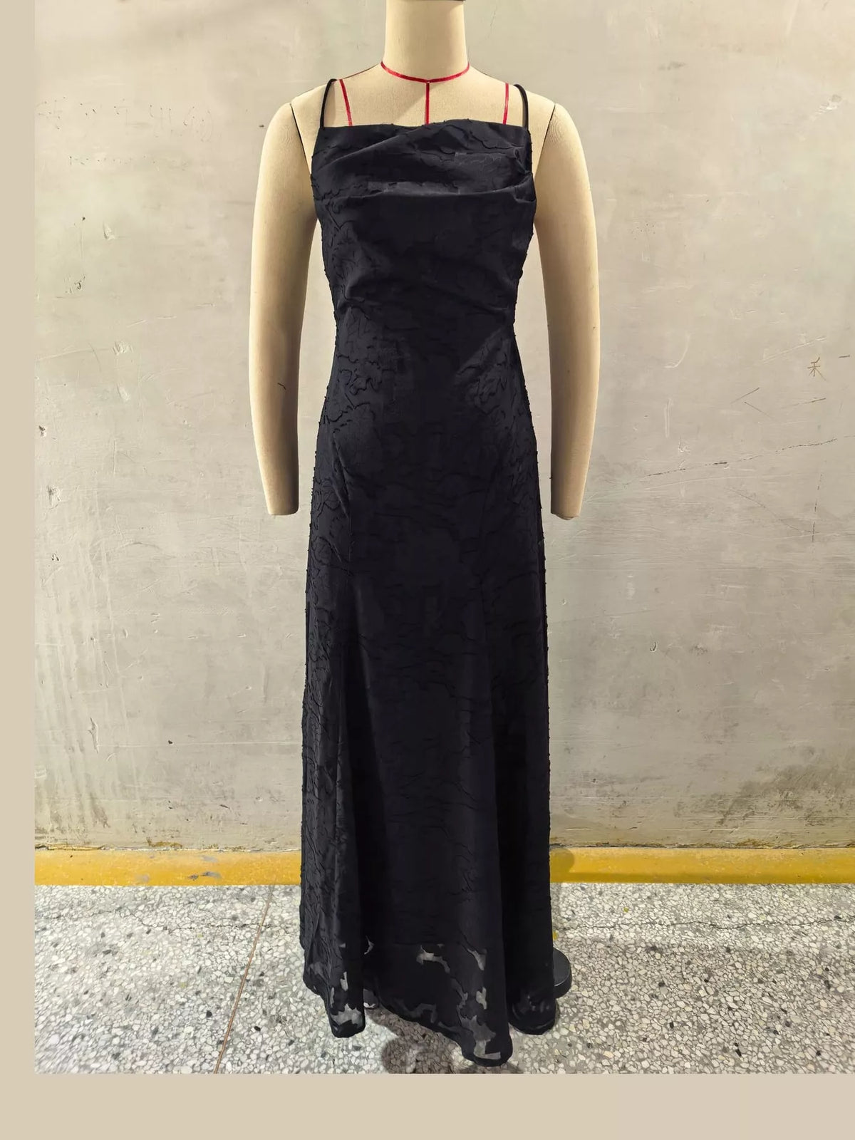 Black backless lace maxi dress, front view