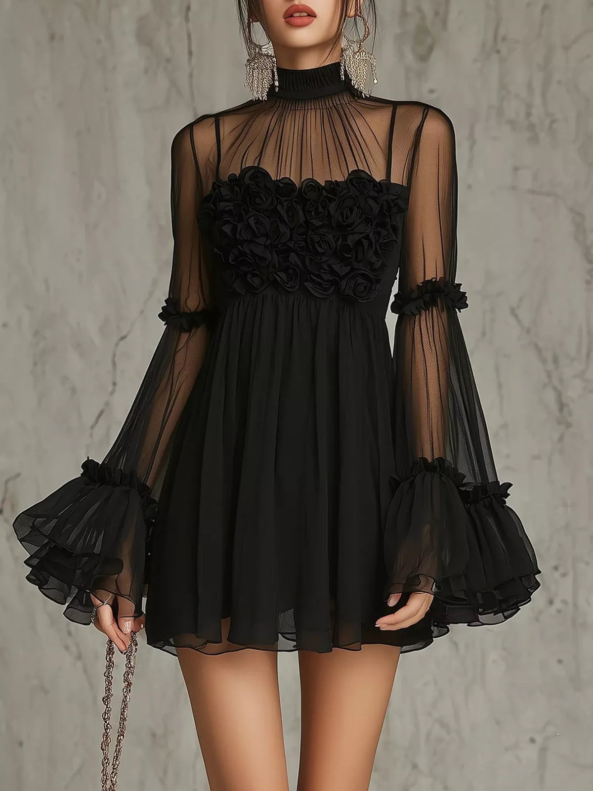 Women's sheer mesh rose-applique mini dress