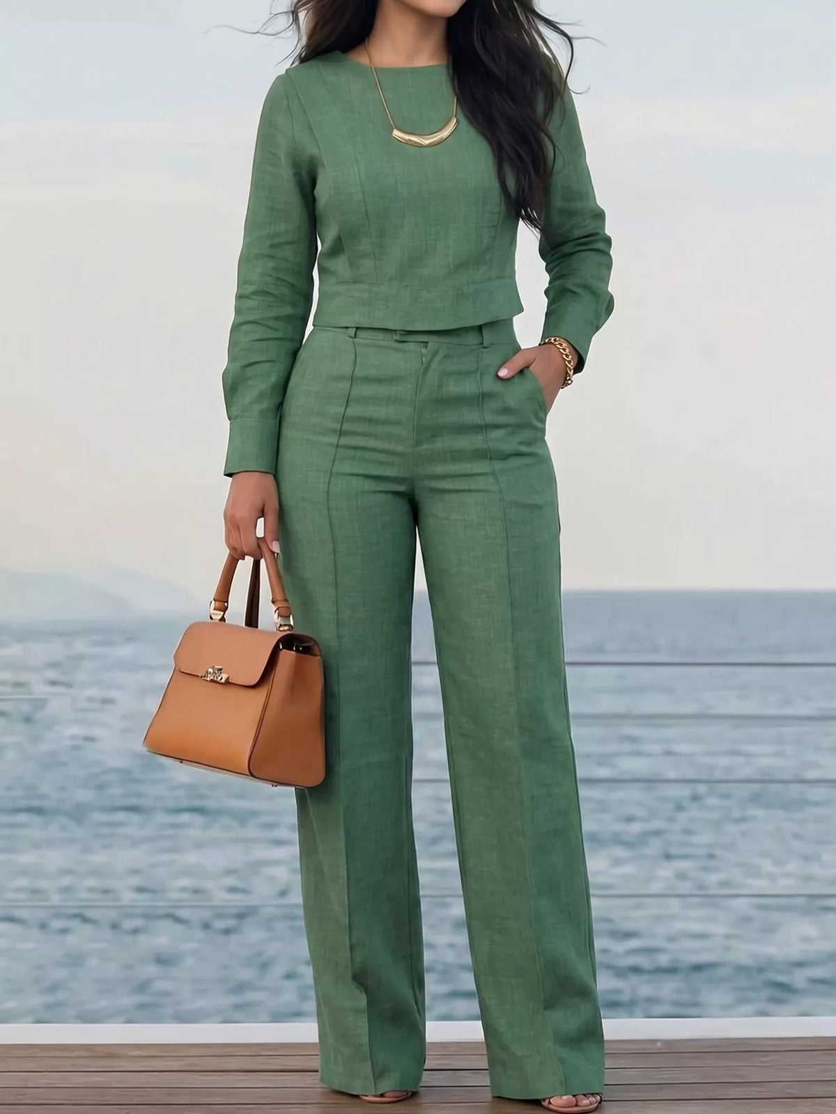 Crop Top and Wide-Leg Pants Set in green, front view