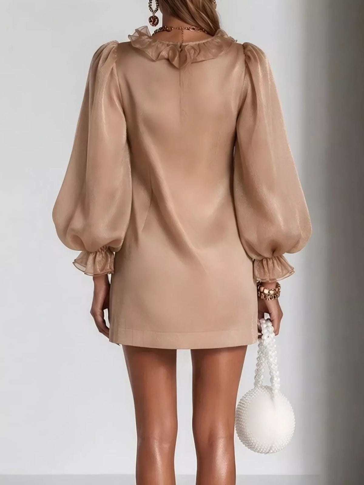 Ruffle Trim Puff Sleeve Mini Dress in champagne, back view