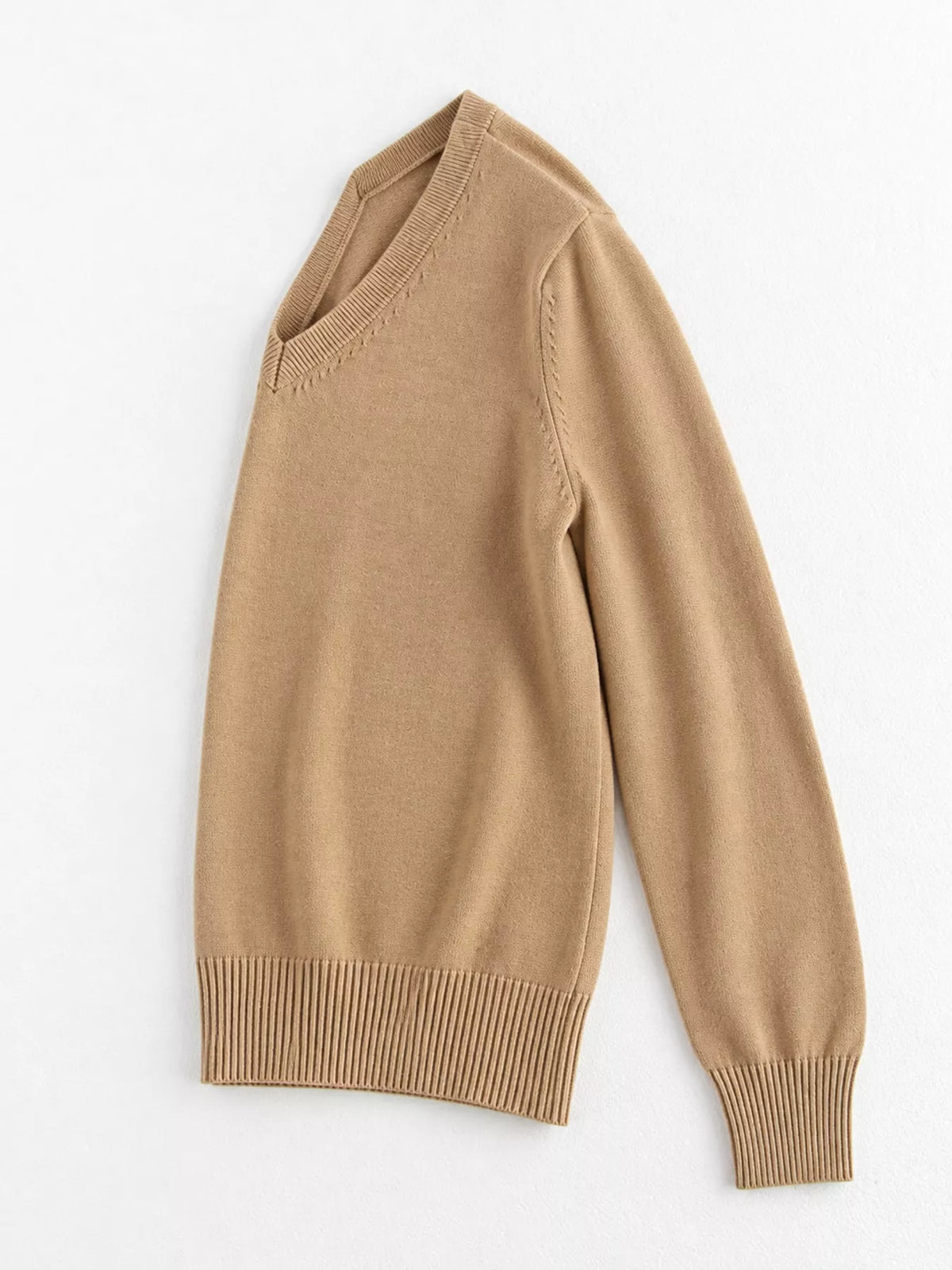 Women's V-Neck Long Sleeve Sweater in camel — side view