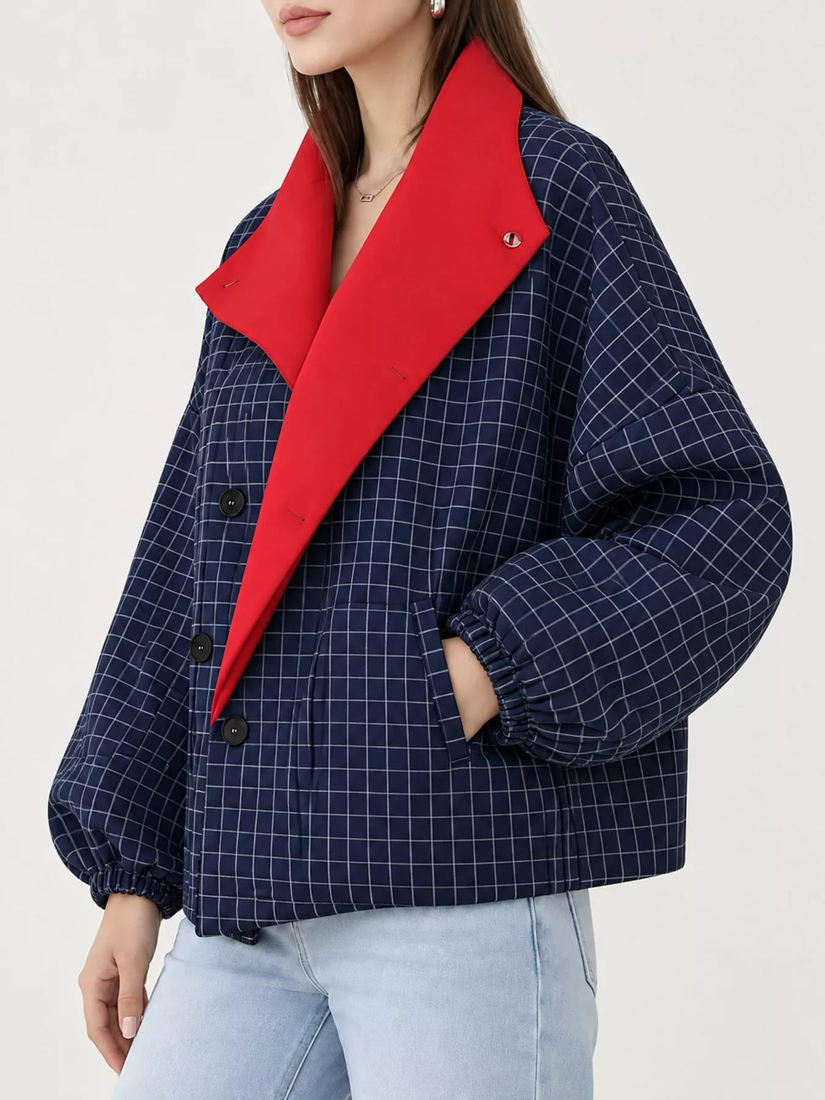 Navy check contrast lapel plaid jacket — side view