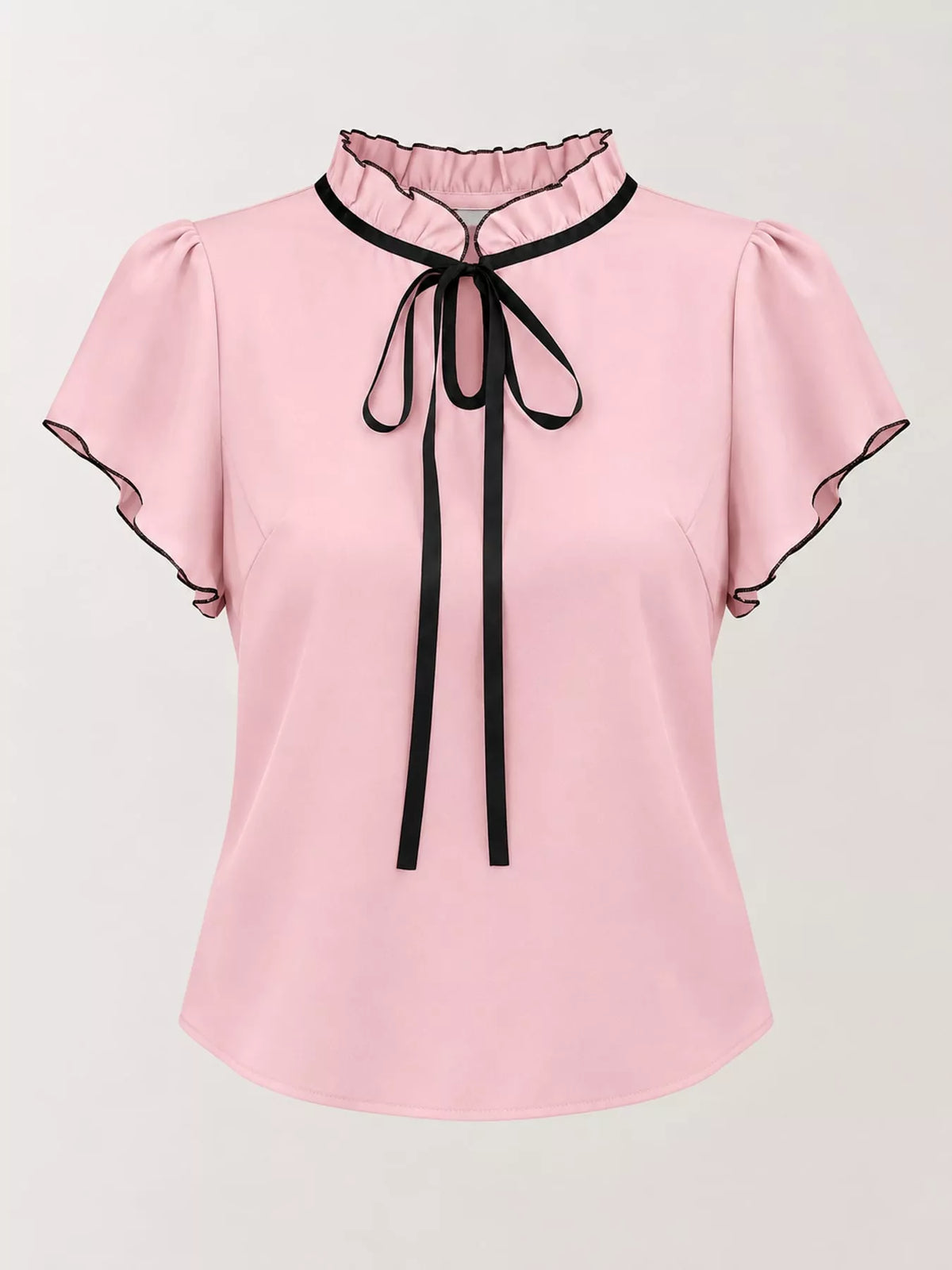 Contrast Trim Ruffle Sleeve Tie-Front Blouse in pink and black