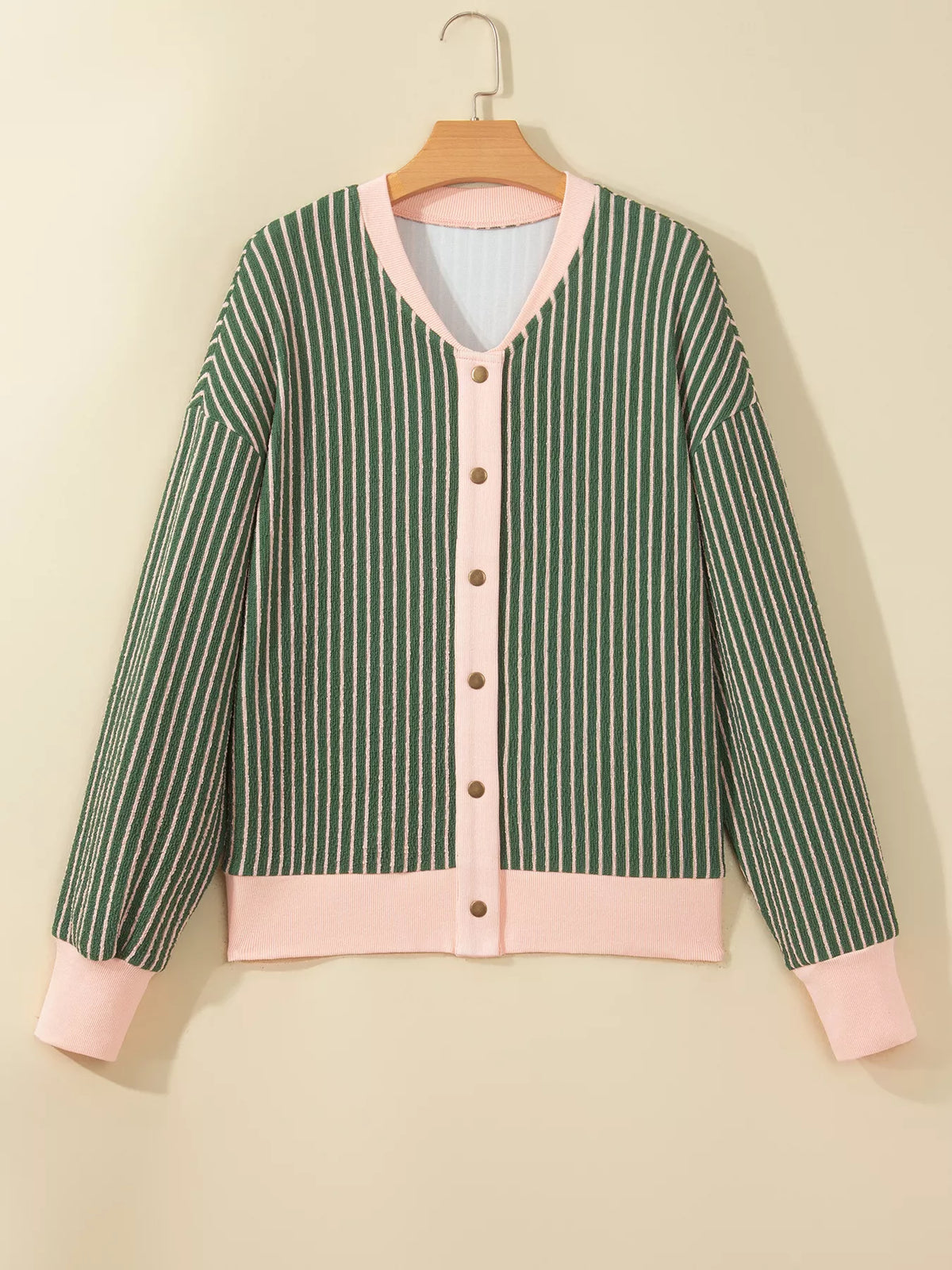 Green and pink striped striped round neck patchwork cardigan — front view