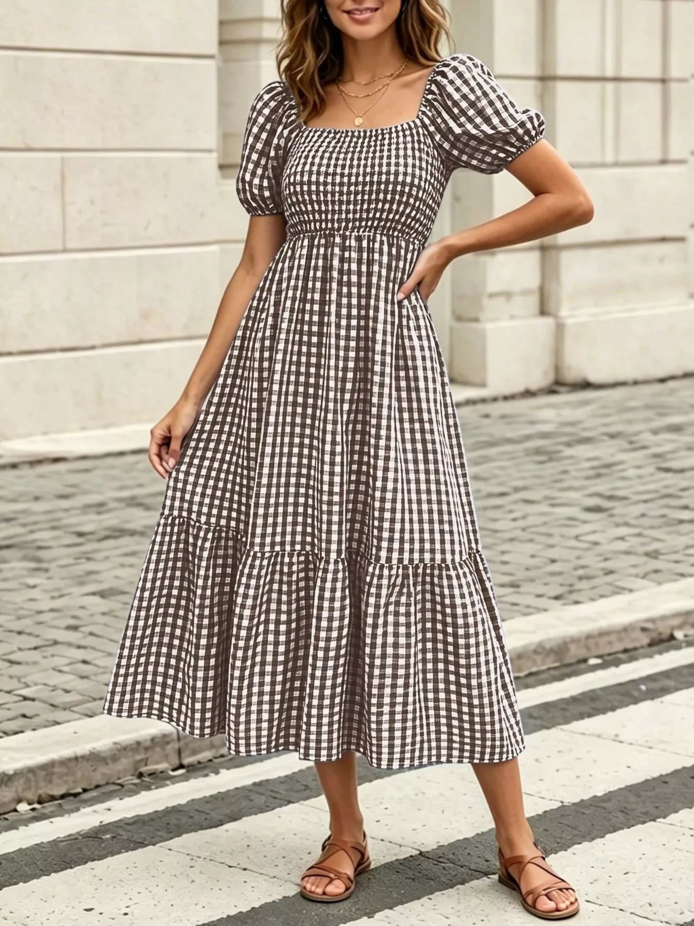 Trendsi Gingham Smocked Puff Sleeve Midi Dress -