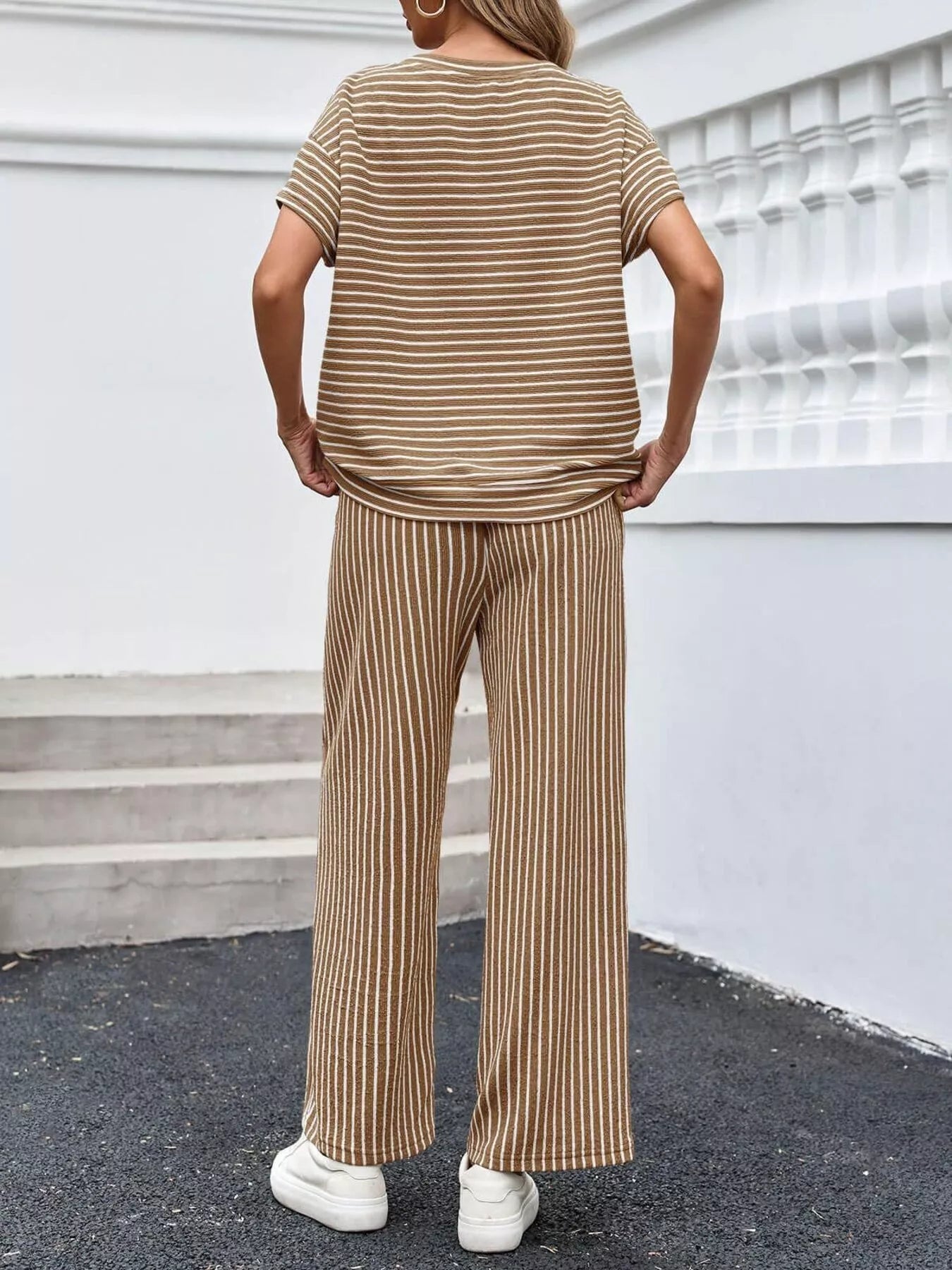Trendsi Casual Striped Short Sleeve Top and Wide Leg Pants Two-Piece Set -