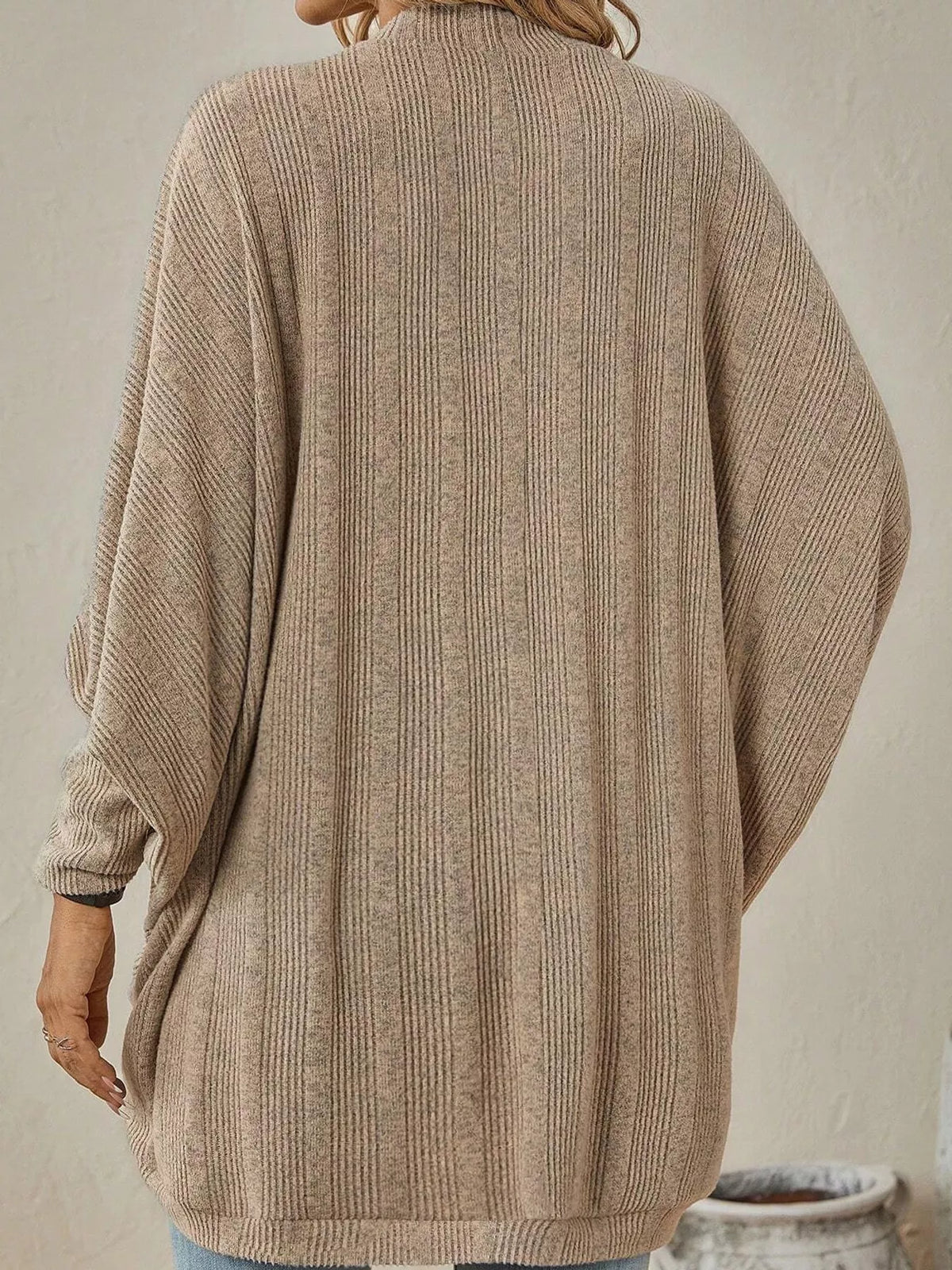 Beige open-front batwing sleeve ribbed cardigan, back view