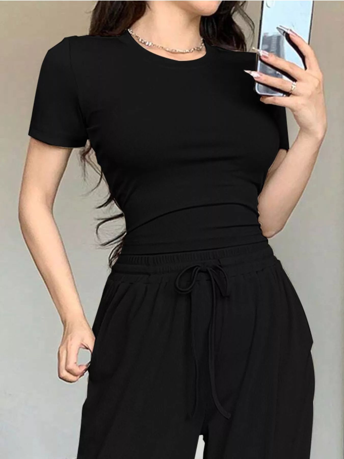 Trendsi Solid Color Short Sleeve Crop Top and Wide Leg Pants Set -