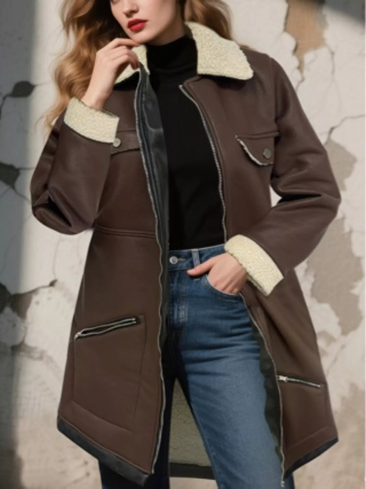 Brown sherpa-trim zip-up faux leather jacket