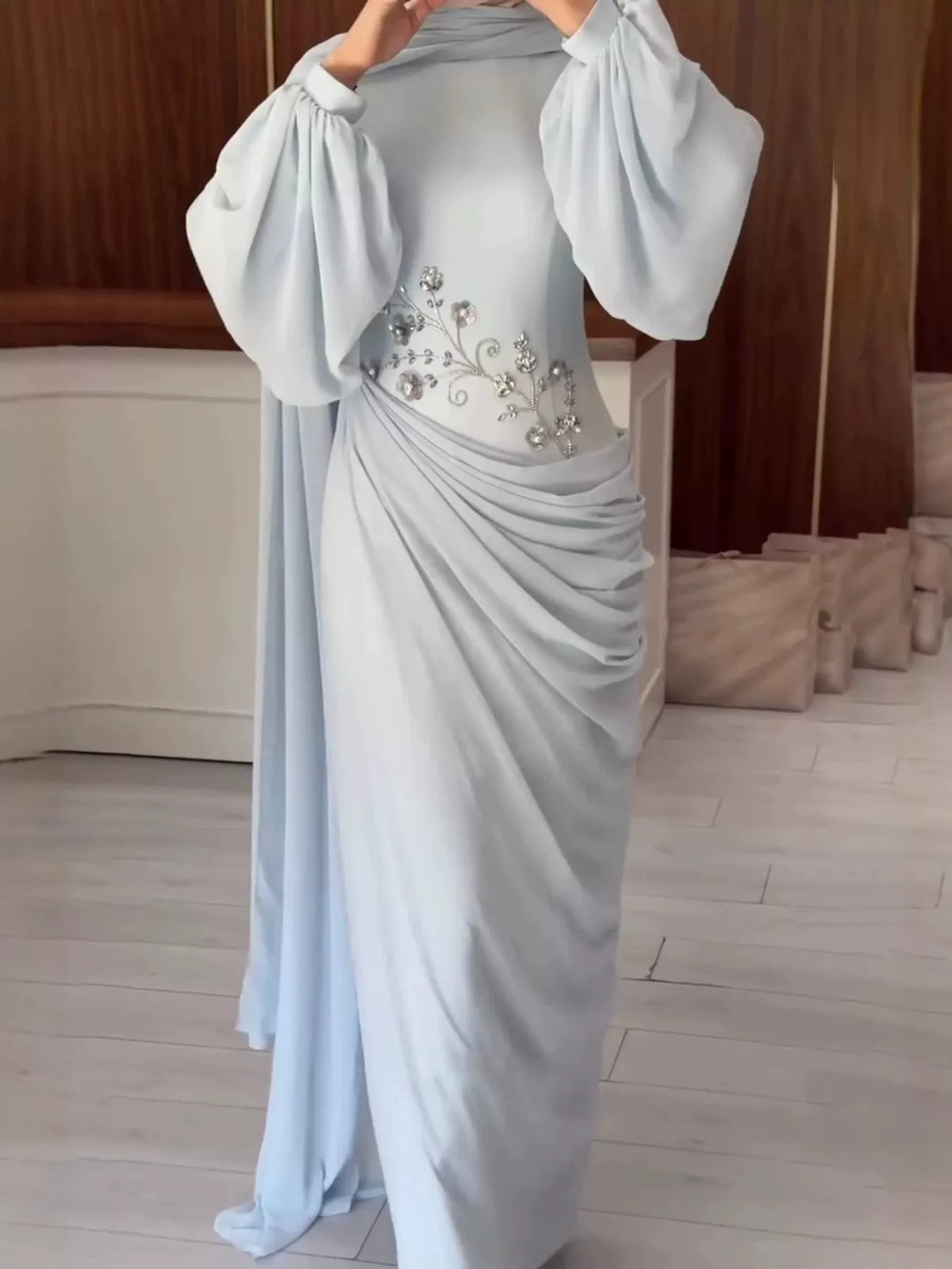 Light blue floral detail long sleeve maxi dress, front view